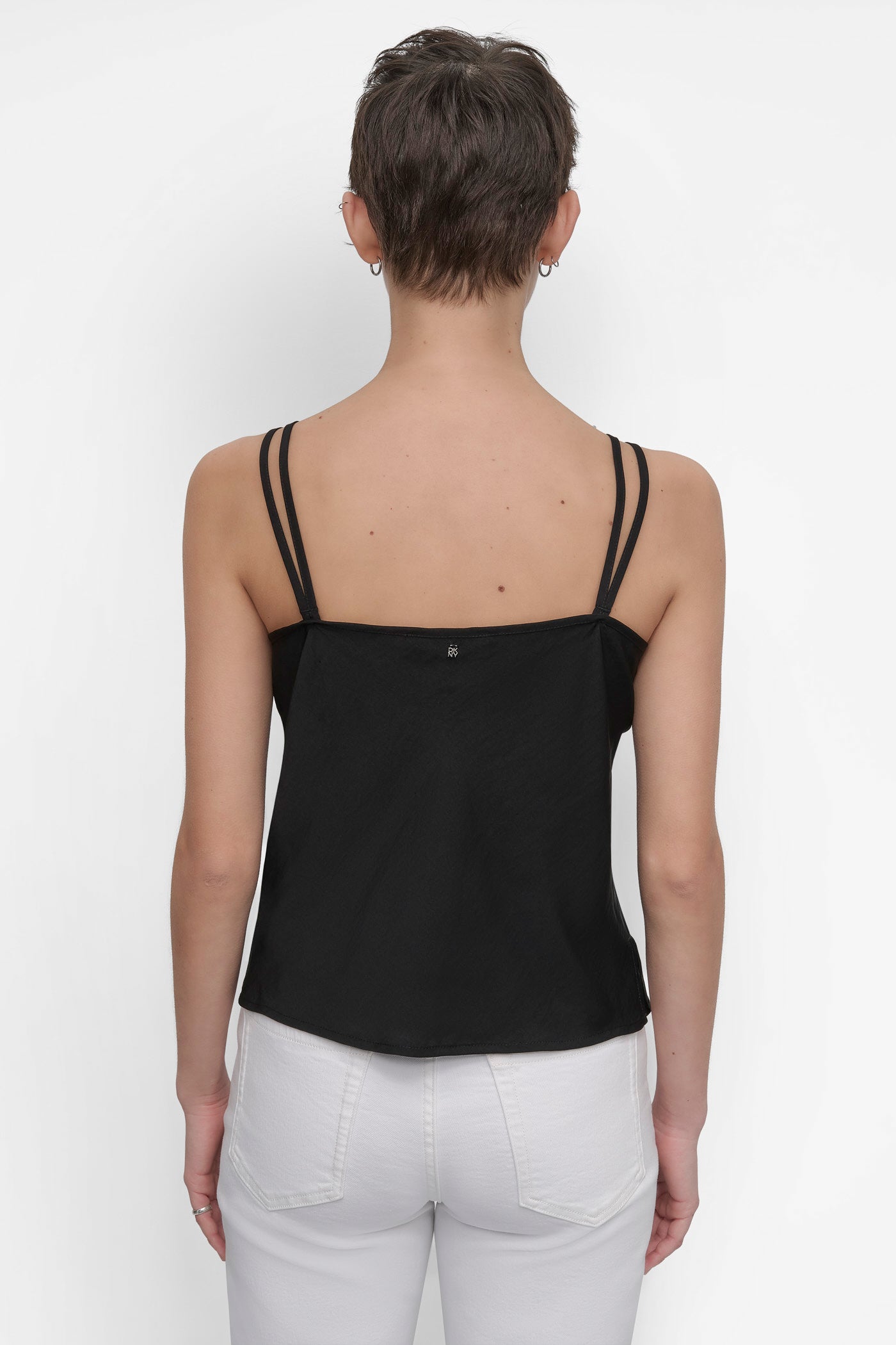 BLACK STRAPPY V-NECK CAMI W/ADJUSTABLE STRAPS, BACK VIEW | DKNY JEANS