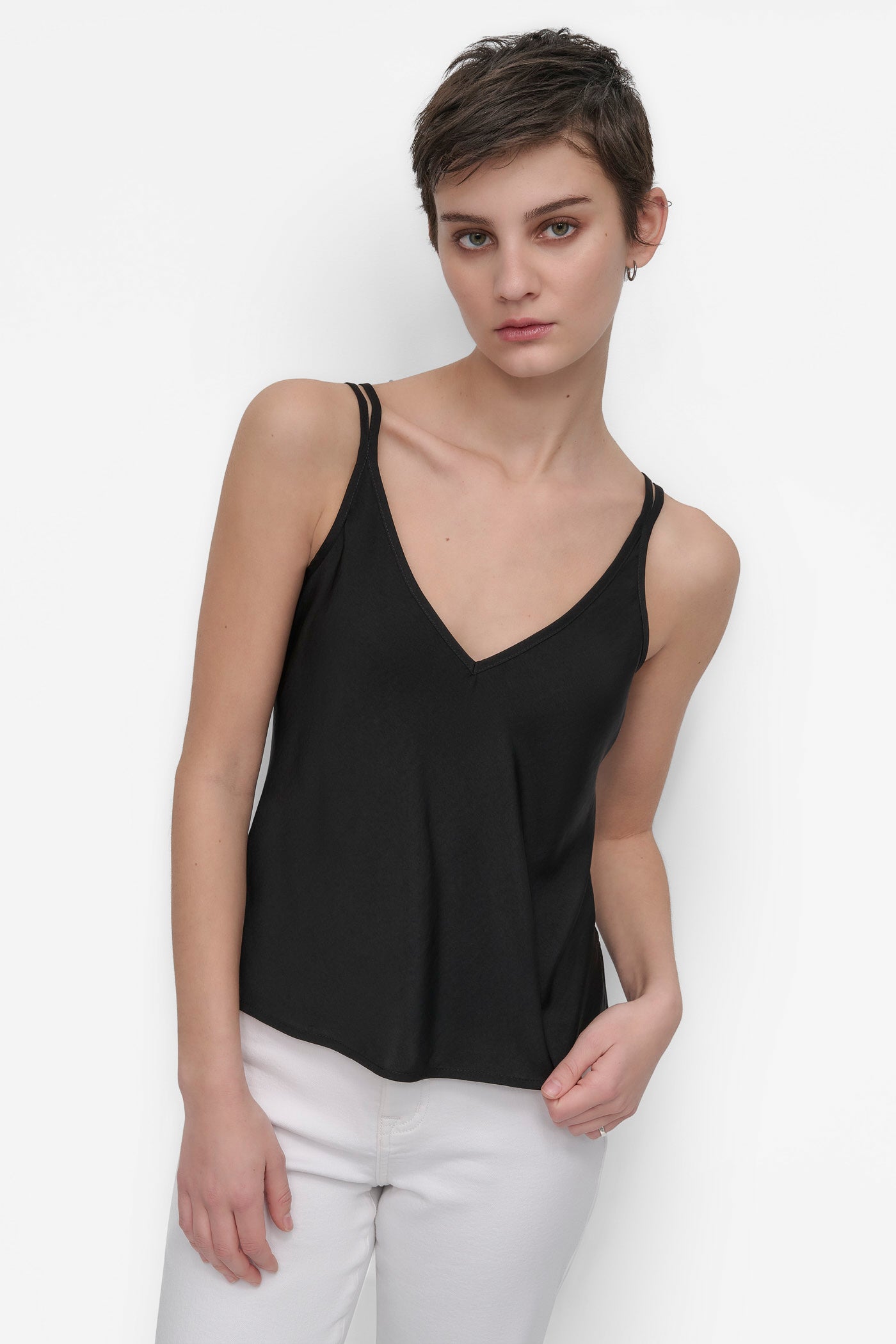 BLACK STRAPPY V-NECK CAMI W/ADJUSTABLE STRAPS, FRONT VIEW | DKNY JEANS