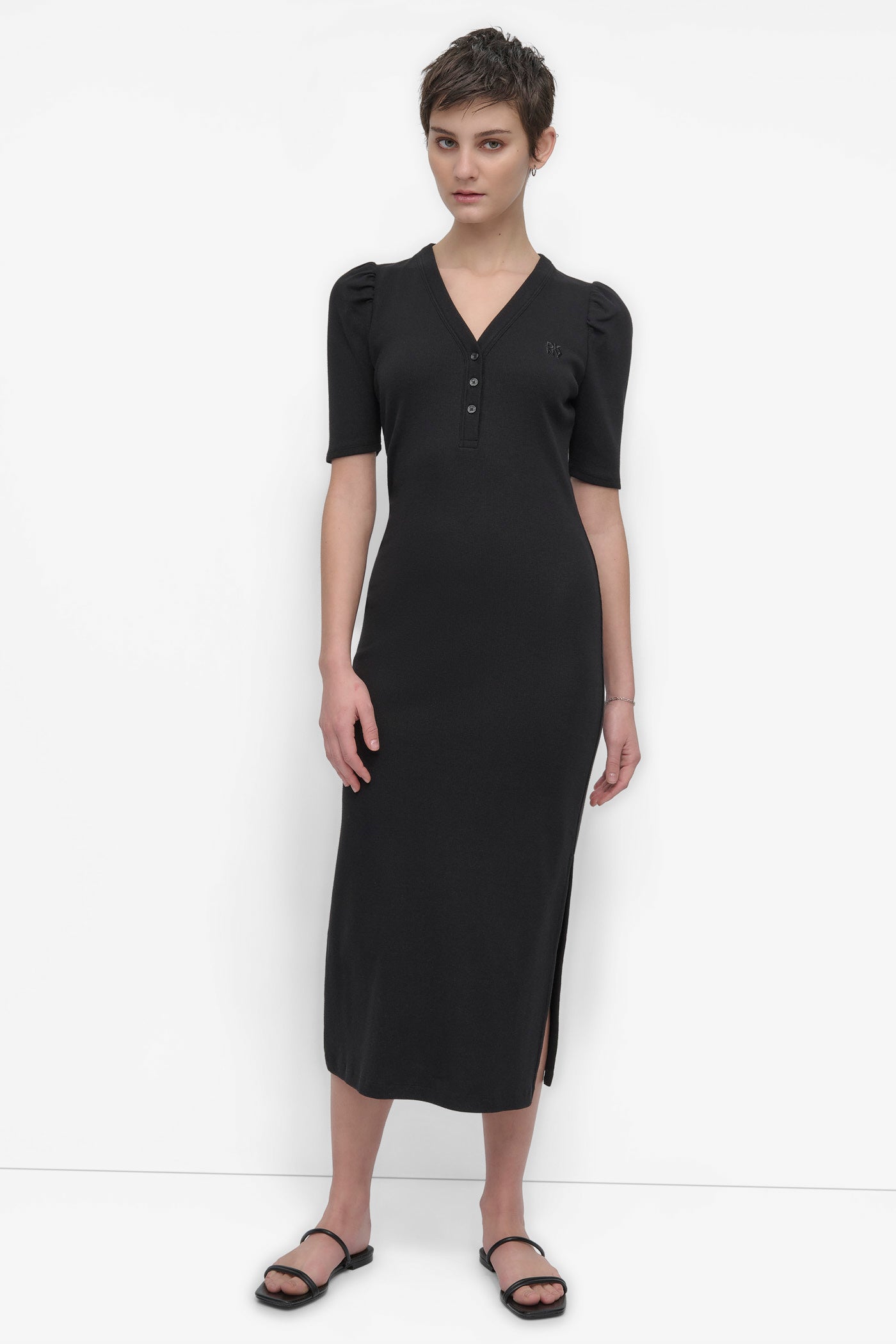 BLACK VNECK HENLEY LONG SLEEVE DRESS, FRONT VIEW | SALE DRESSES