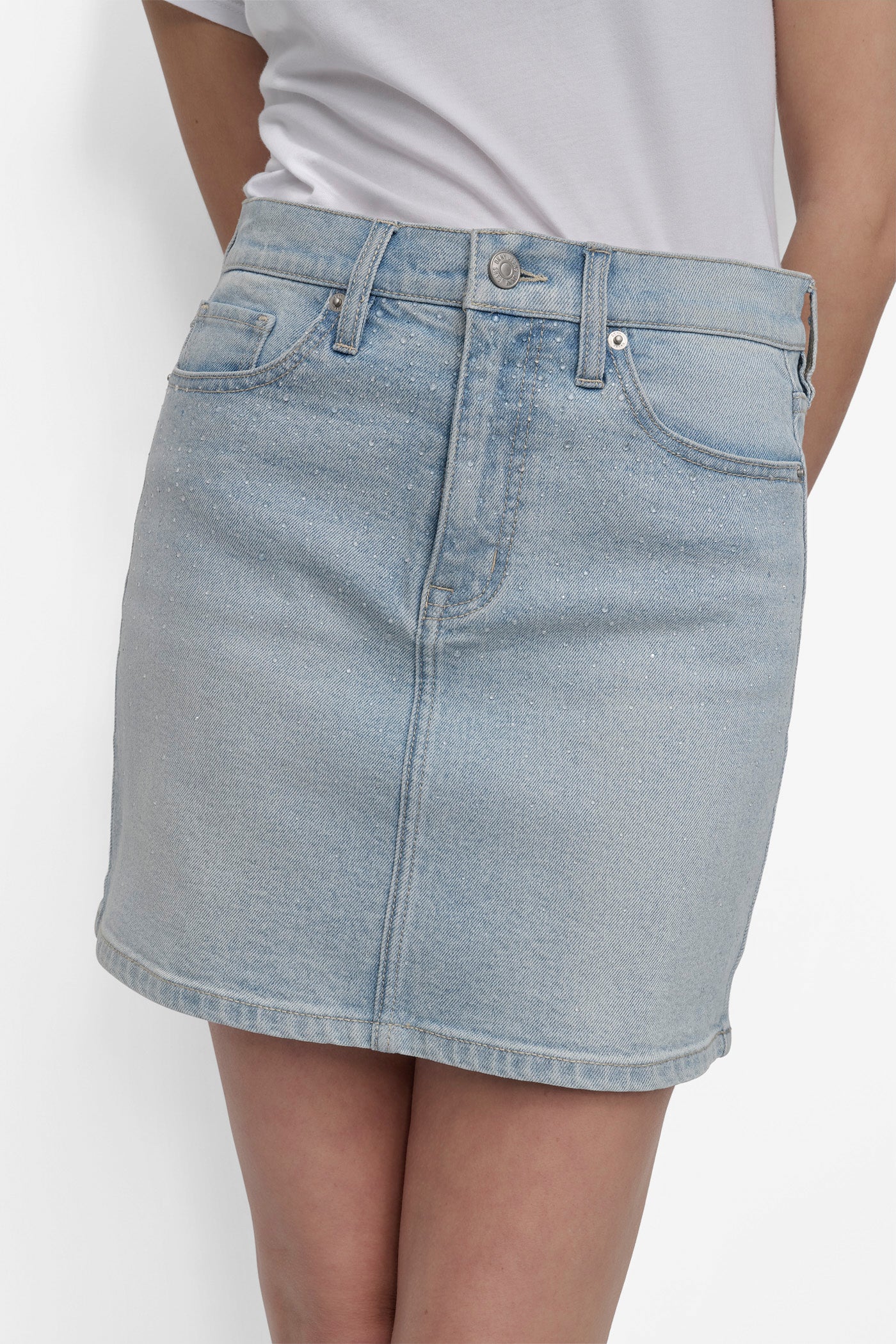 HEAT WAVE MINI SKIRT WITH RHINESTONE EMBELLISHMENT, VIEW 1 | Denim Destination