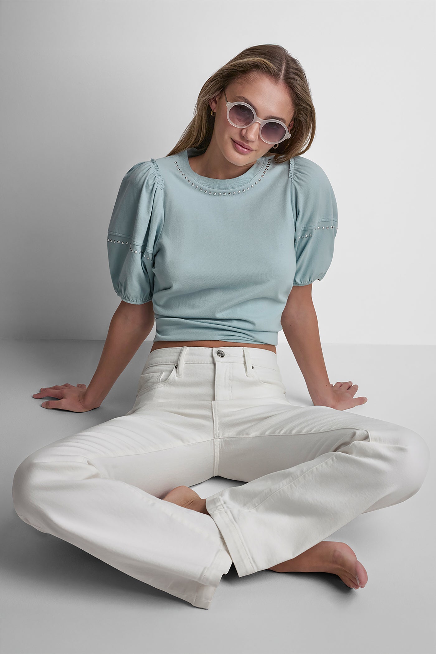 Mineral/Shiny Silver DOME STUDS MINI RUFFLE SHIRT, VIEW 1 | Clothing