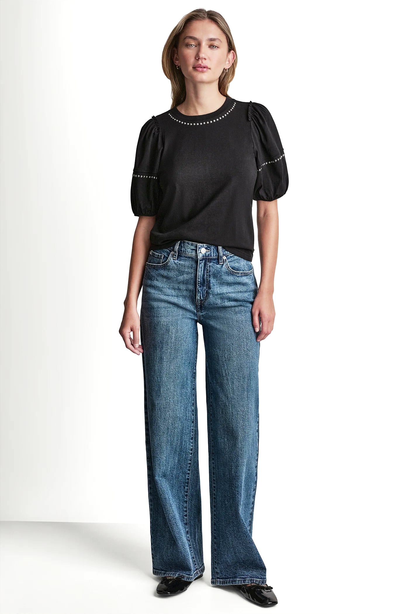 Black/Shiny Silver DOME STUDS MINI RUFFLE SHIRT, VIEW 2 | DKNY JEANS