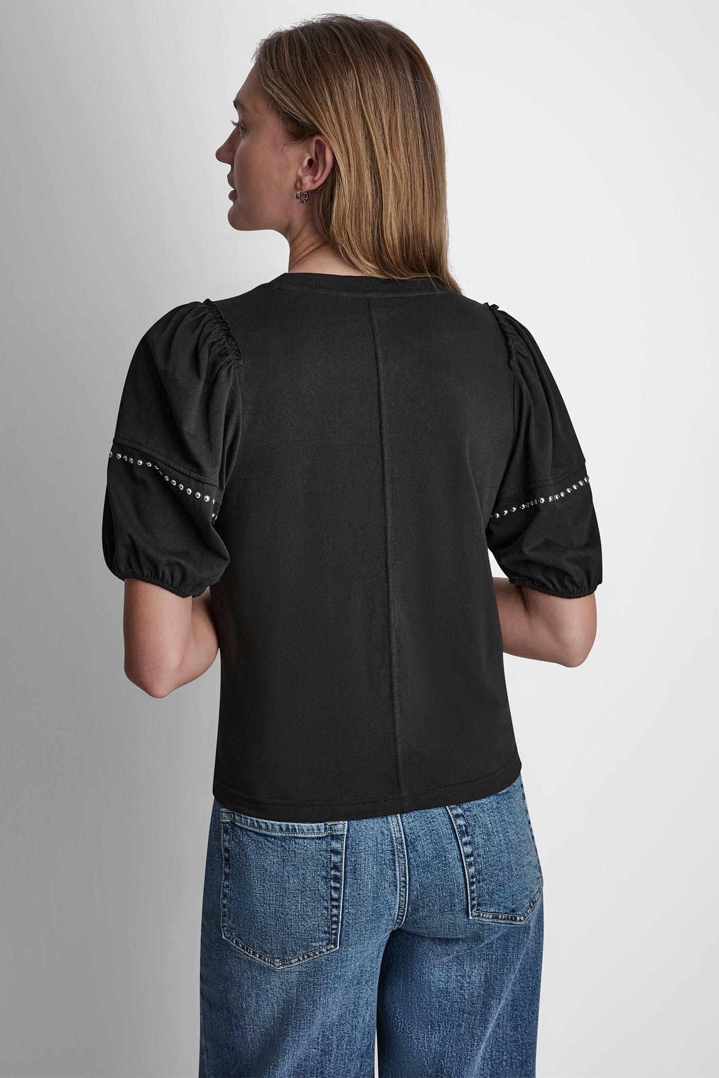 Black/Shiny Silver DOME STUDS MINI RUFFLE SHIRT, BACK VIEW | Clothing