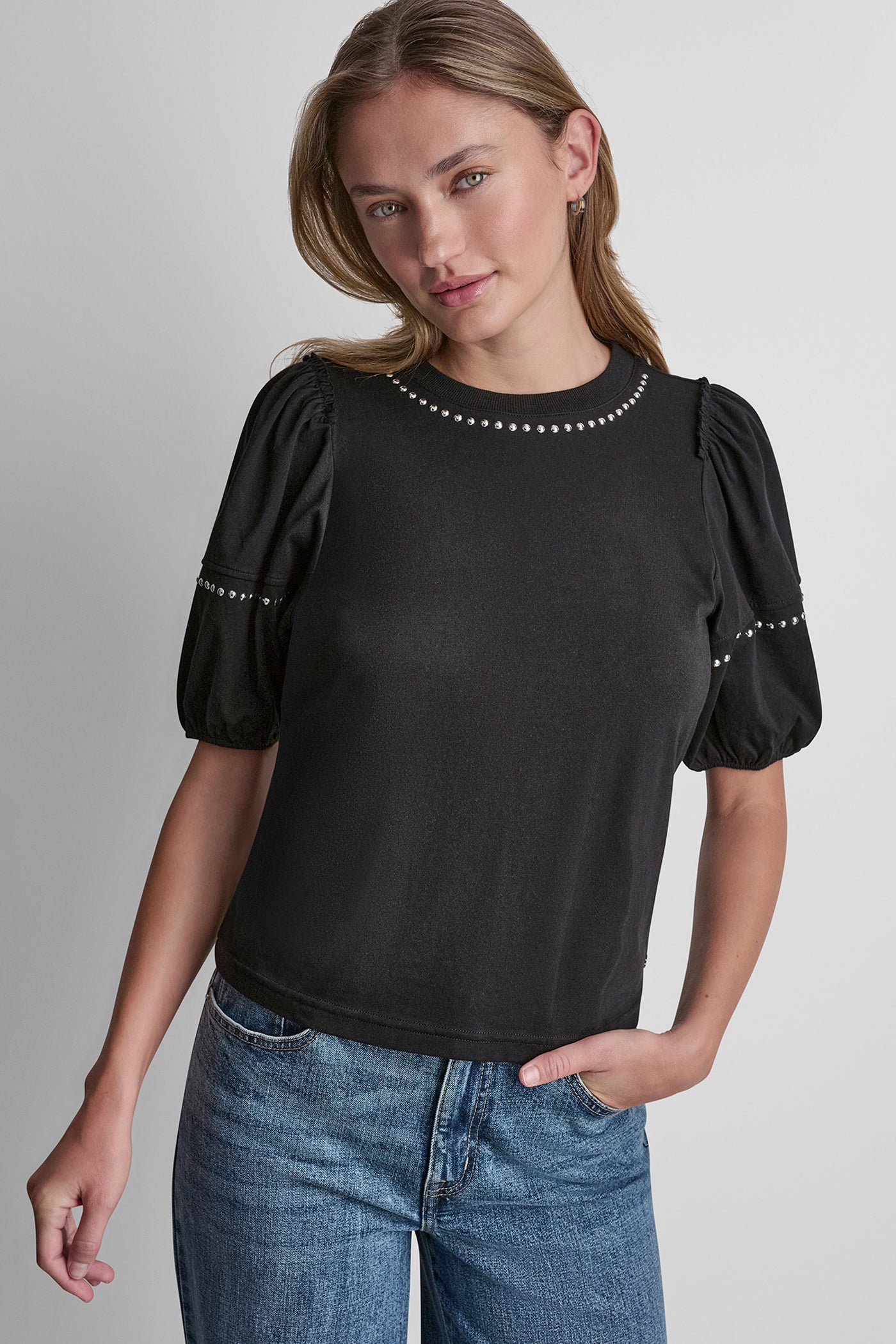 Black/Shiny Silver DOME STUDS MINI RUFFLE SHIRT, FRONT VIEW | Clothing