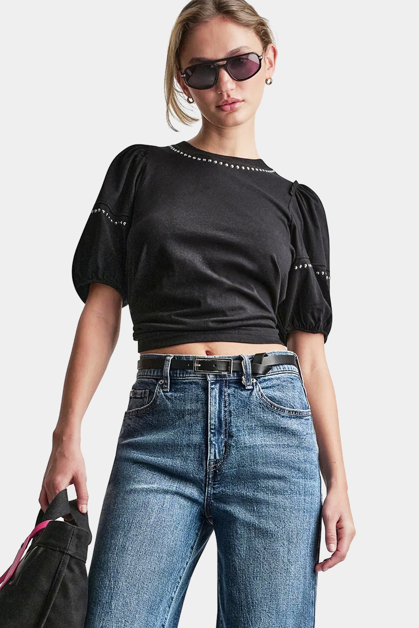 Black/Shiny Silver DOME STUDS MINI RUFFLE SHIRT, VIEW 1 | DKNY JEANS