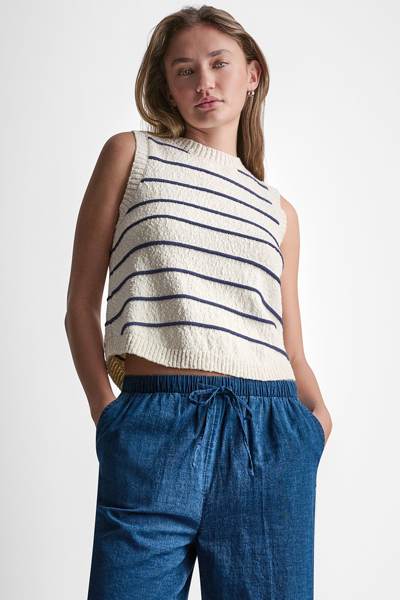 Eggnog/Indigo SLEEVELESS STRIPED SWEATER, VIEW 1 | DKNY JEANS