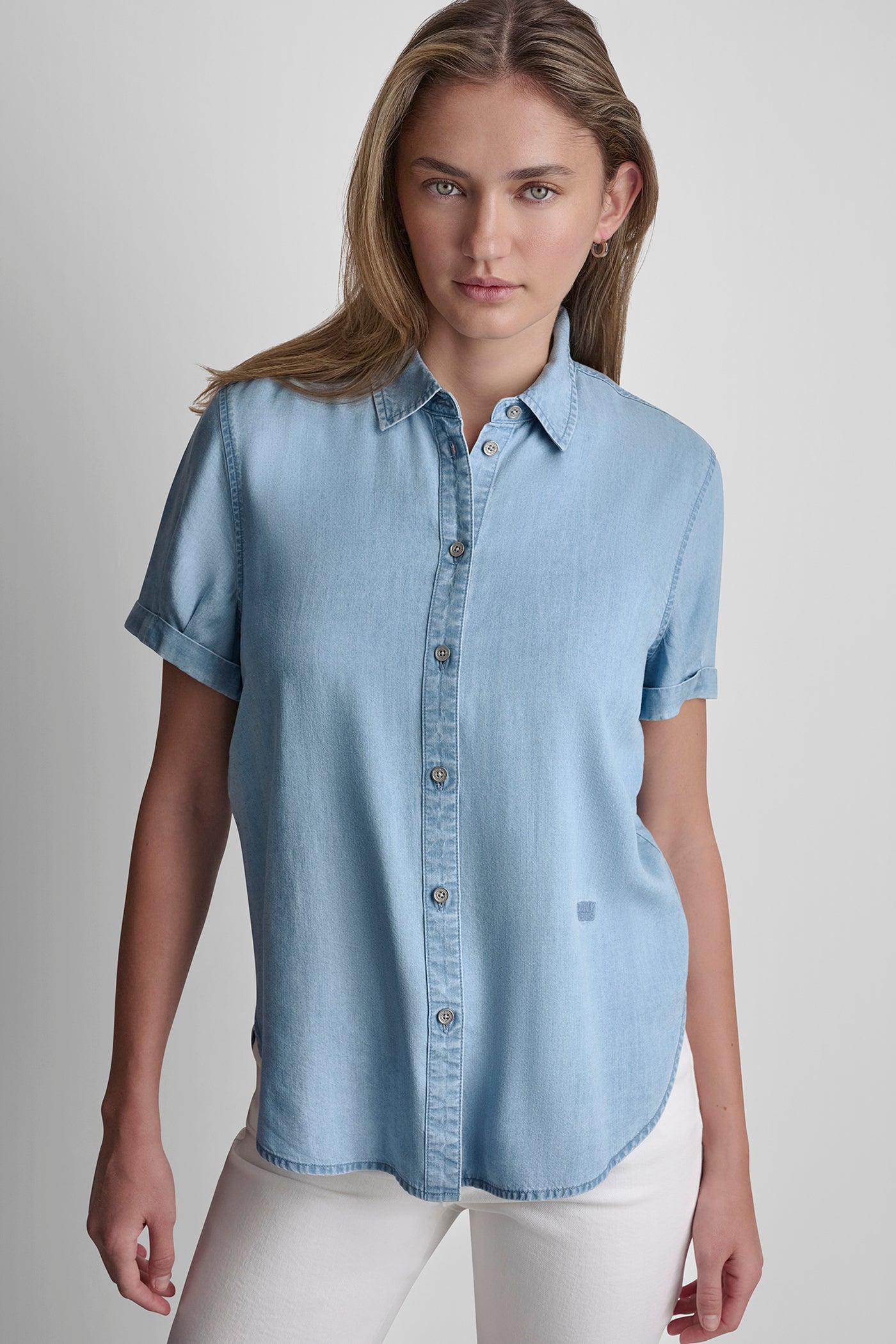 Chambray GARMENT DYE BUTTON-FRONT SHIRT, FRONT VIEW | MUST-HAVES