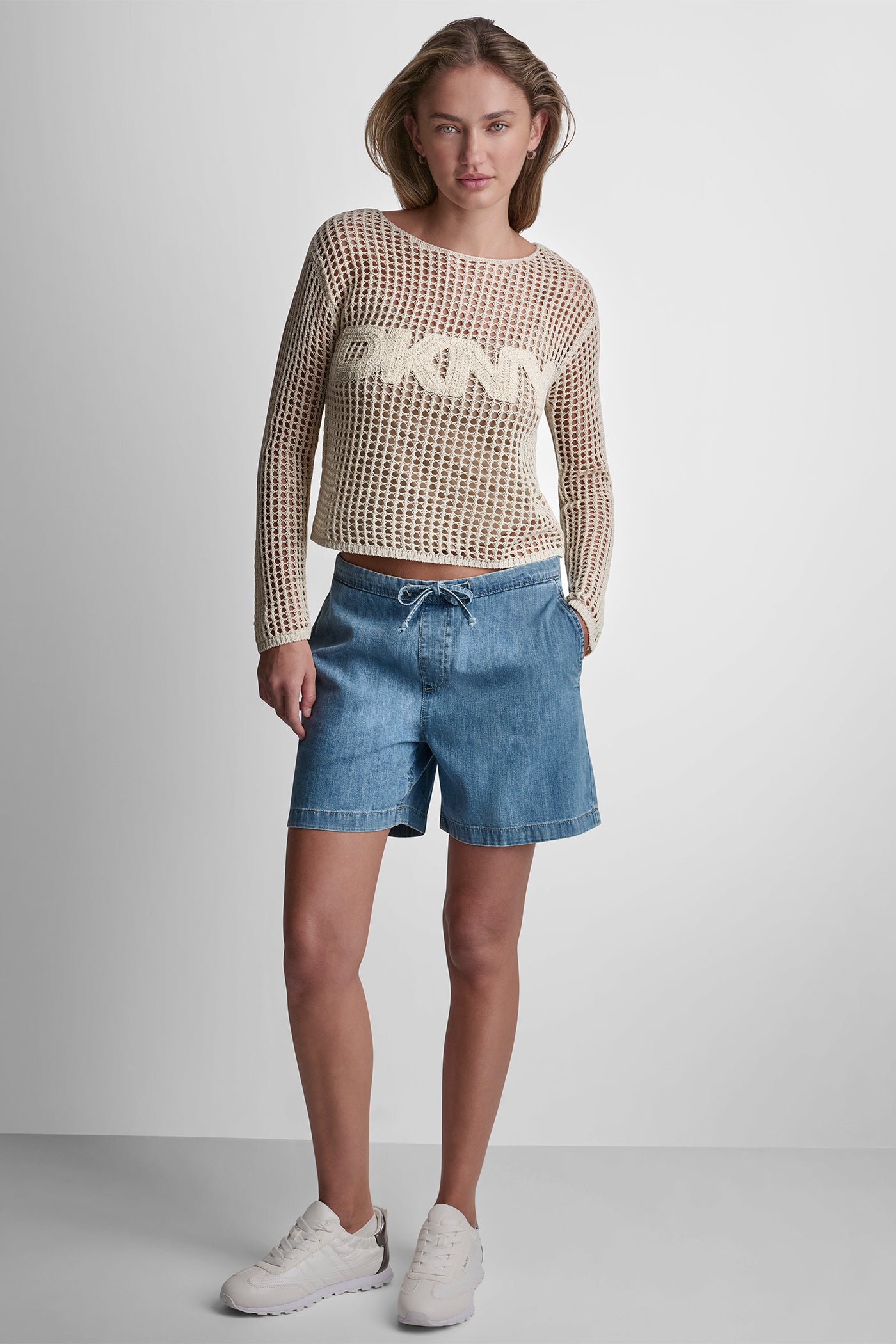 CROCHET OPEN-STITCH LOGO SWEATER VIEW 5 | WOMEN'S SWEATERS & TOPS
