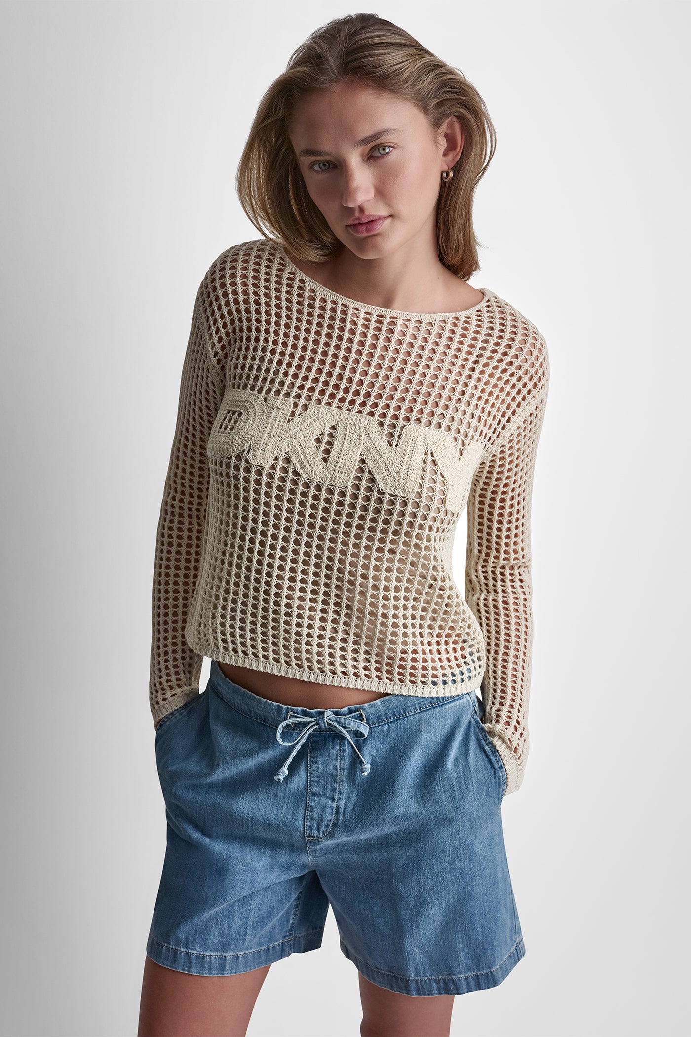 Eggnog CROCHET OPEN-STITCH LOGO SWEATER, FRONT VIEW | WOMEN'S SWEATERS & TOPS