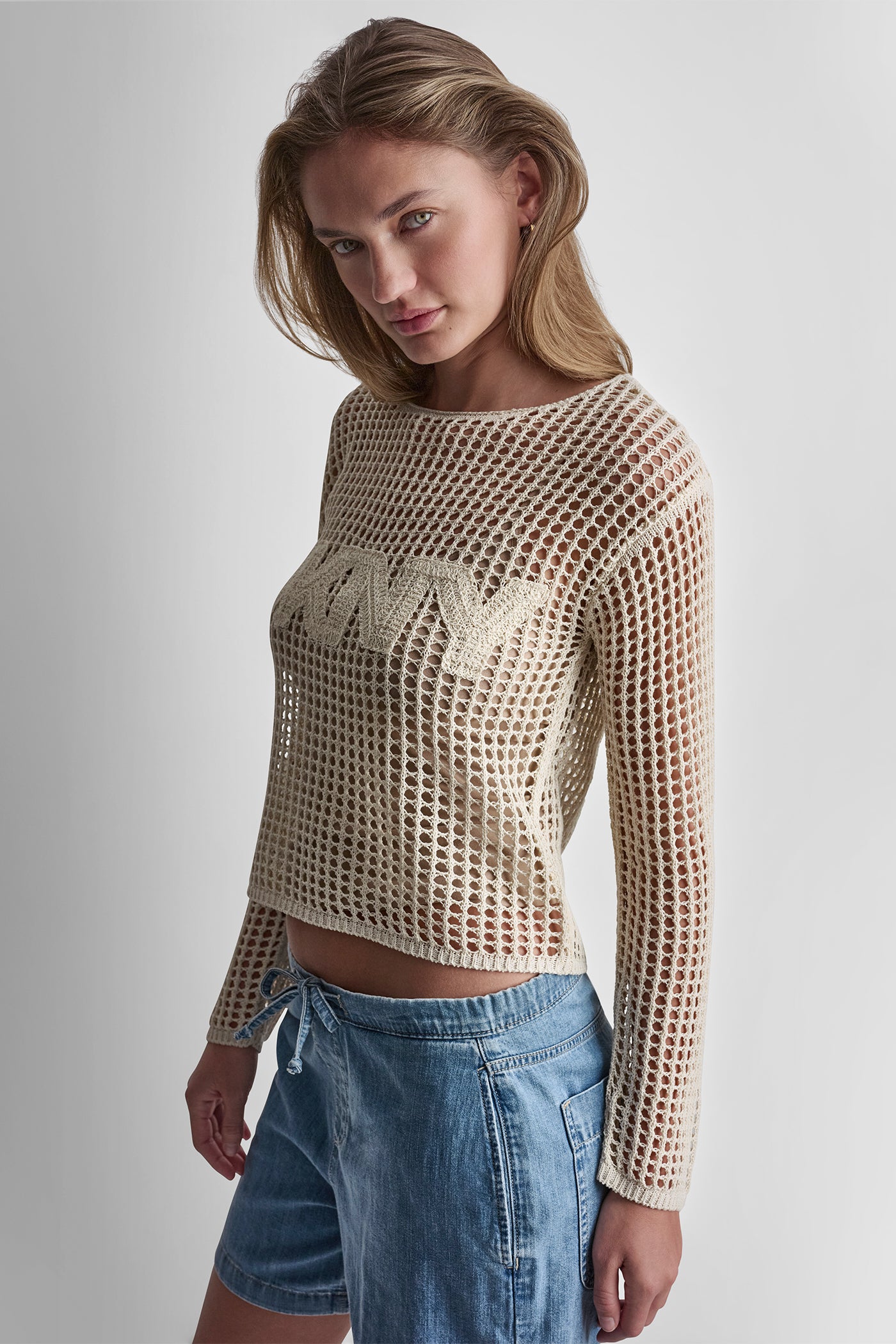 CROCHET OPEN-STITCH LOGO SWEATER VIEW 4 | WOMEN'S SWEATERS & TOPS