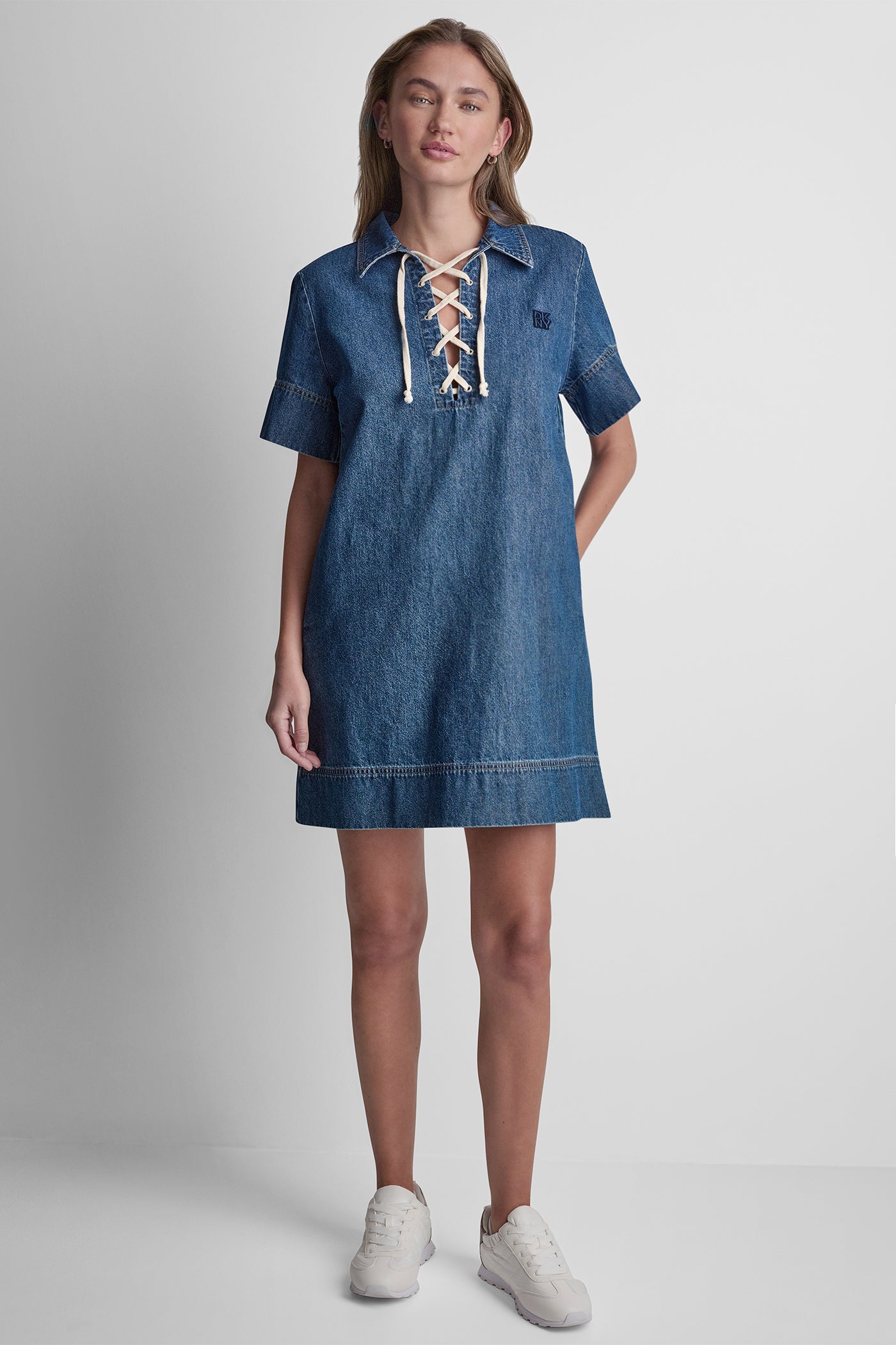 LACE UP DENIM SHIFT DRESS VIEW 5