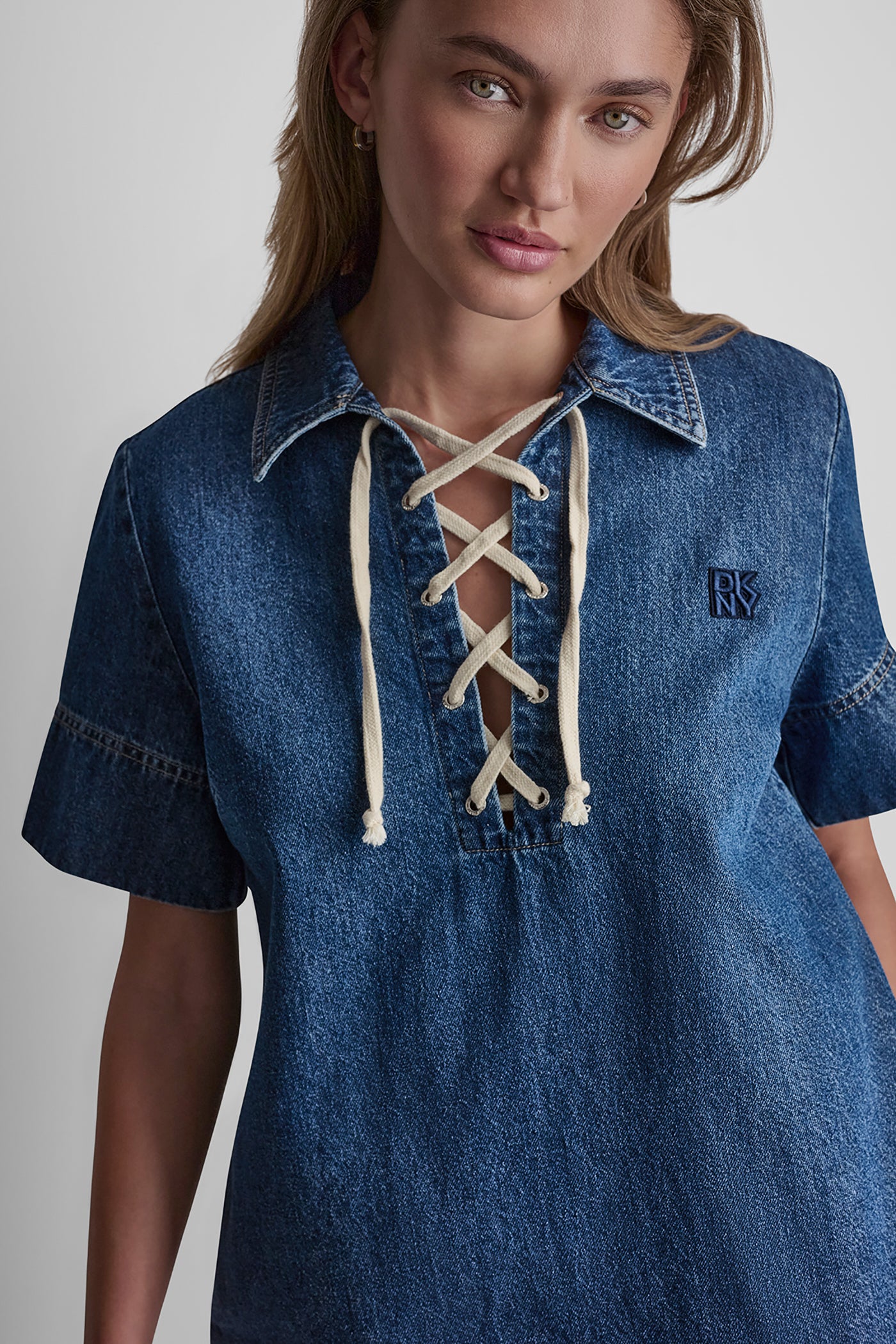 LACE UP DENIM SHIFT DRESS VIEW 6