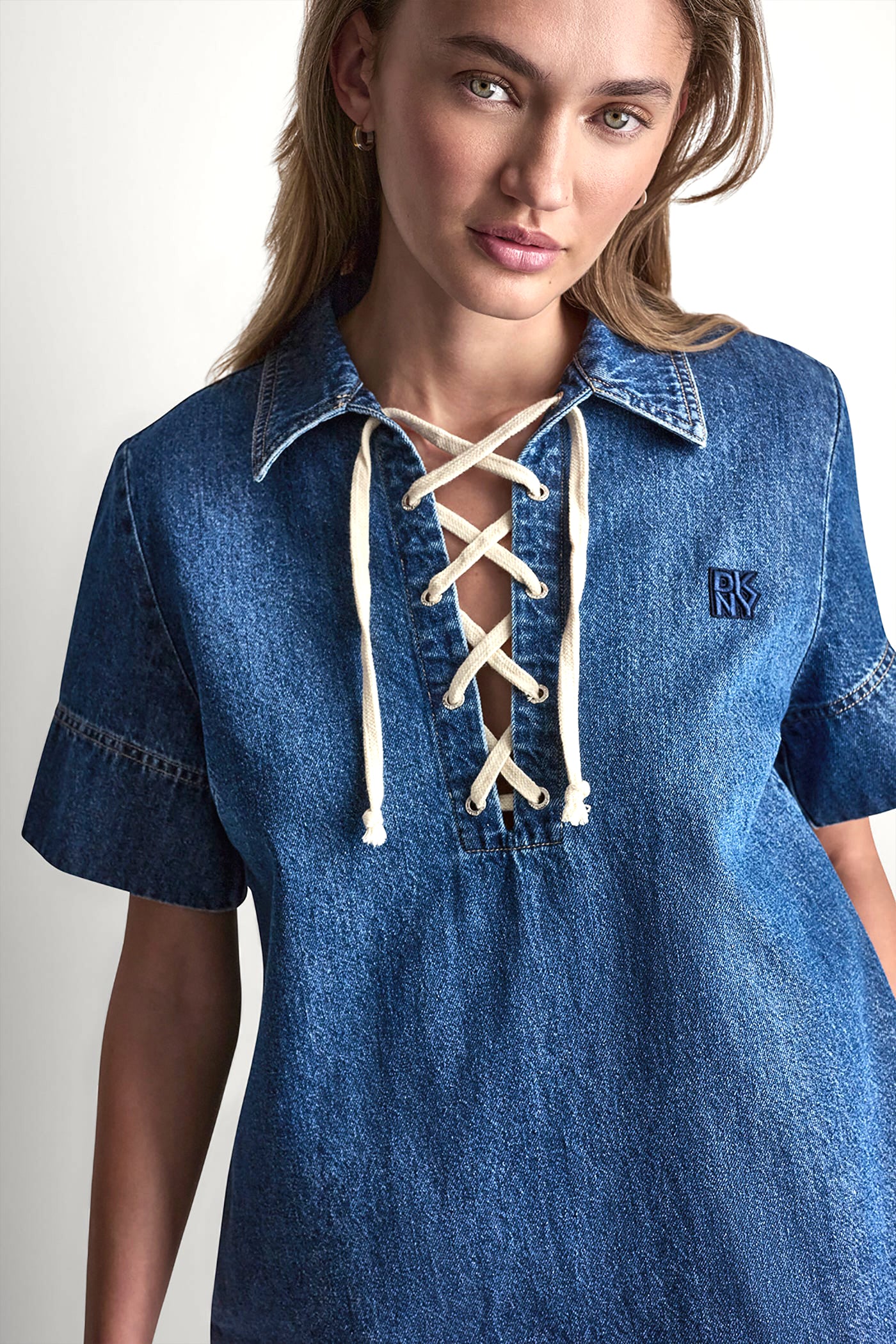 Rustic Indigo LACE UP DENIM SHIFT DRESS, VIEW 2 | Denim Destination