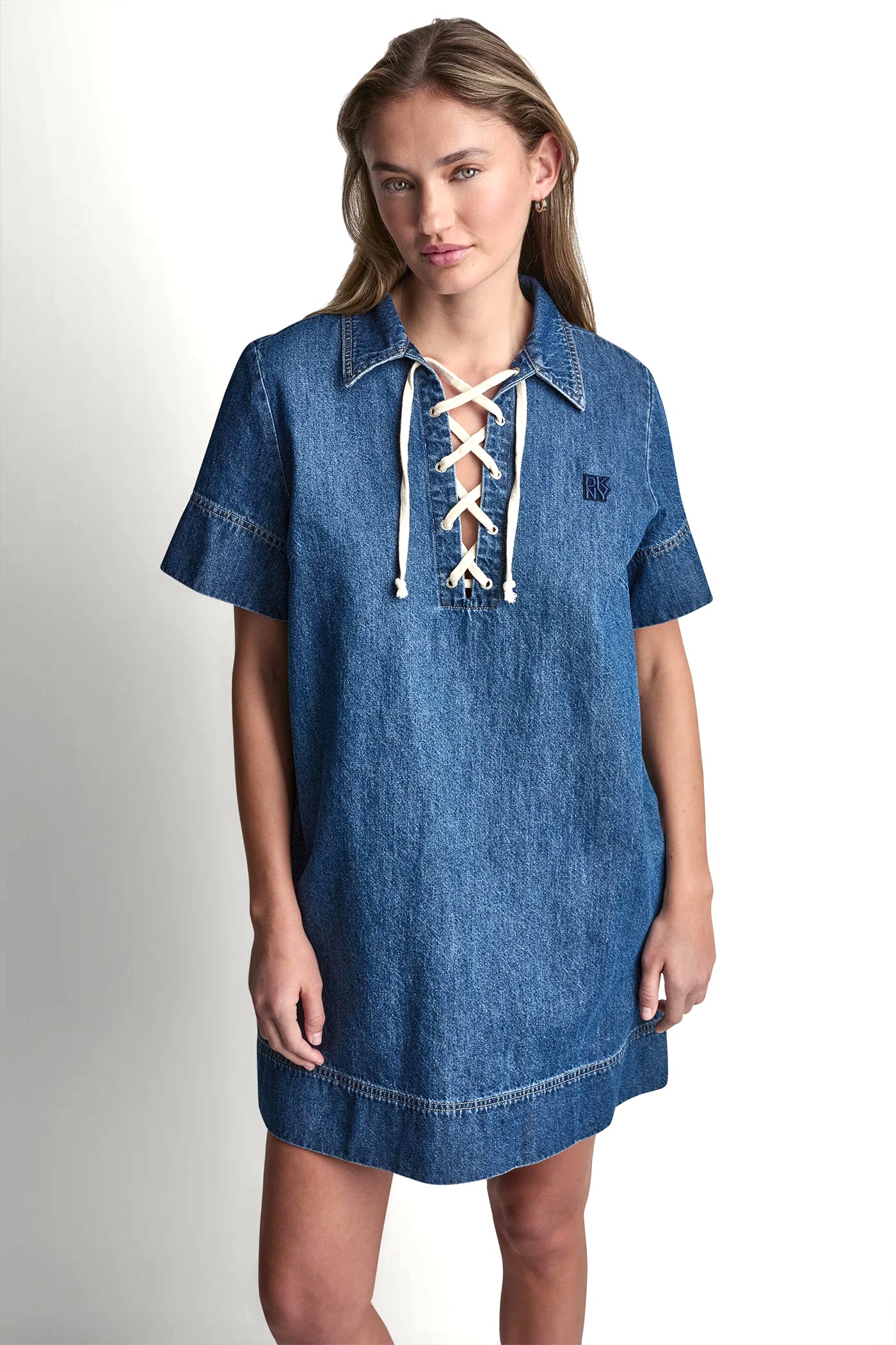 LACE UP DENIM SHIFT DRESS VIEW 6 | DKNY Promo