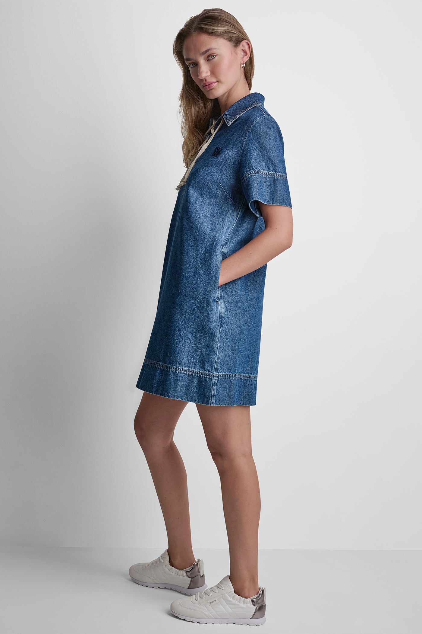 LACE UP DENIM SHIFT DRESS VIEW 4