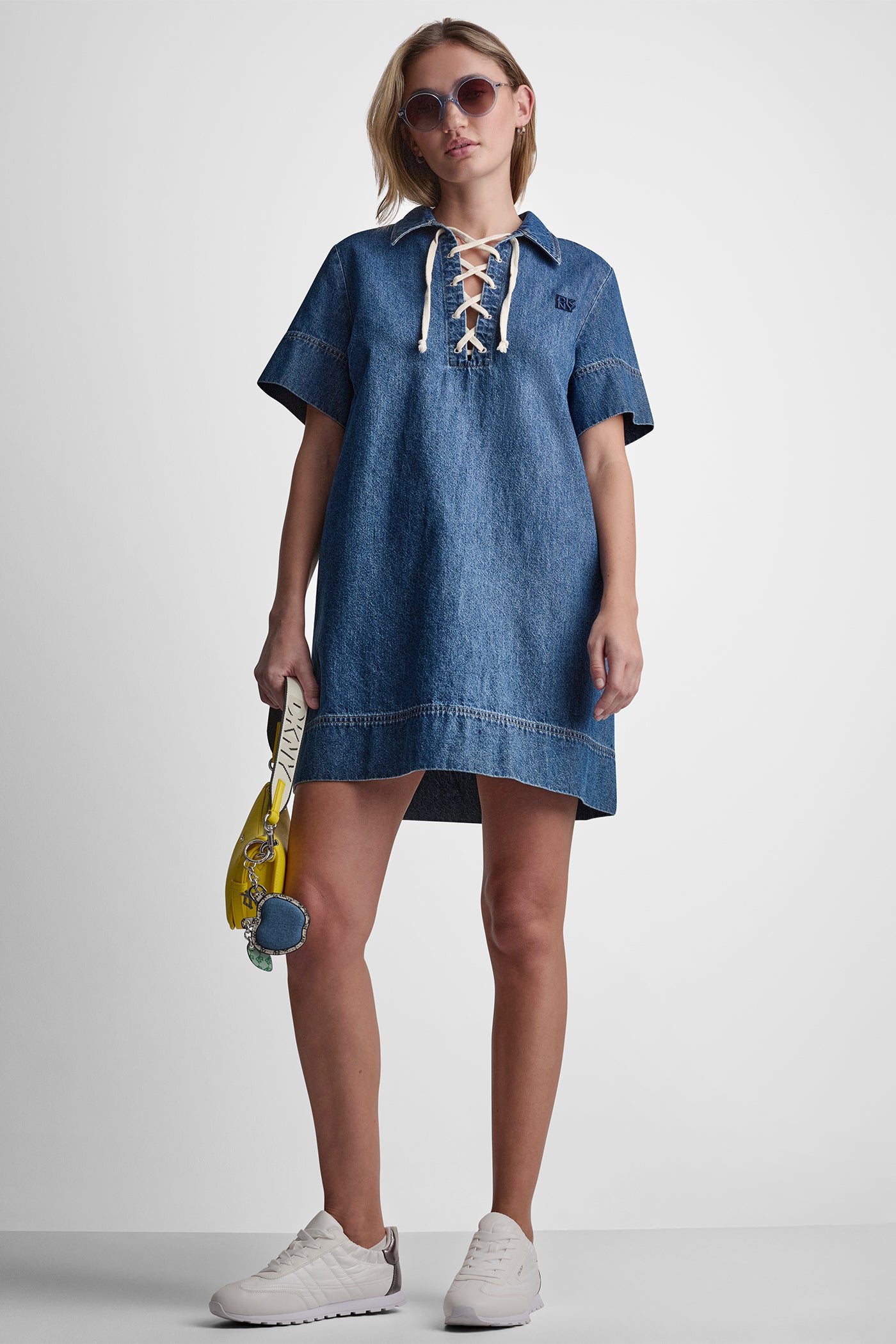LACE UP DENIM SHIFT DRESS VIEW 1