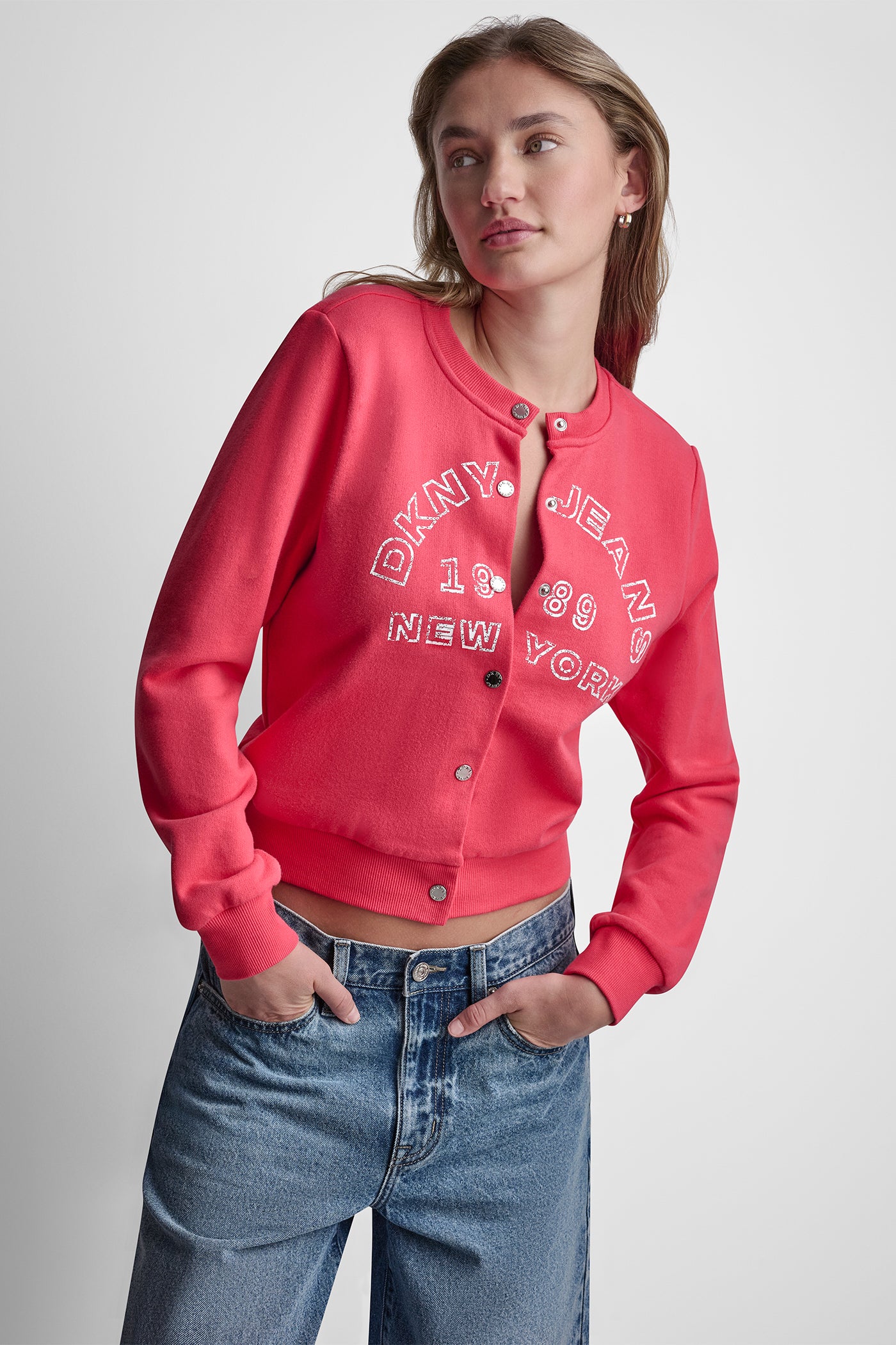 Punch BUTTON FRONT SHRUNKEN LOGO JACKET, VIEW 1 | WOMENS COATS & JACKETS