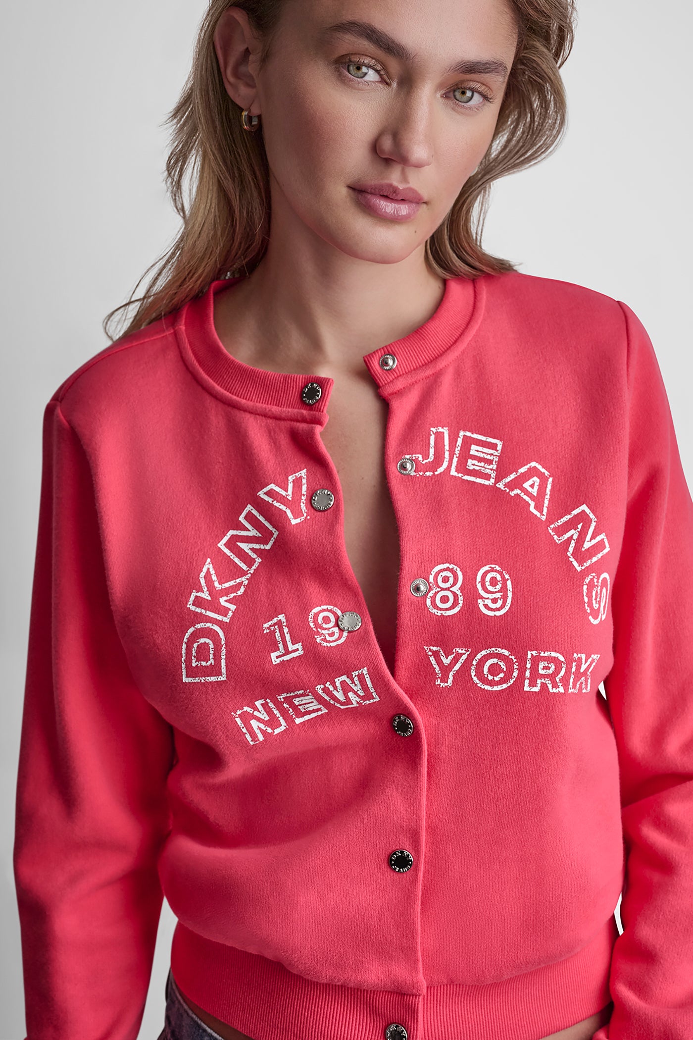 Punch BUTTON FRONT SHRUNKEN LOGO JACKET, VIEW 2 | WOMENS COATS & JACKETS