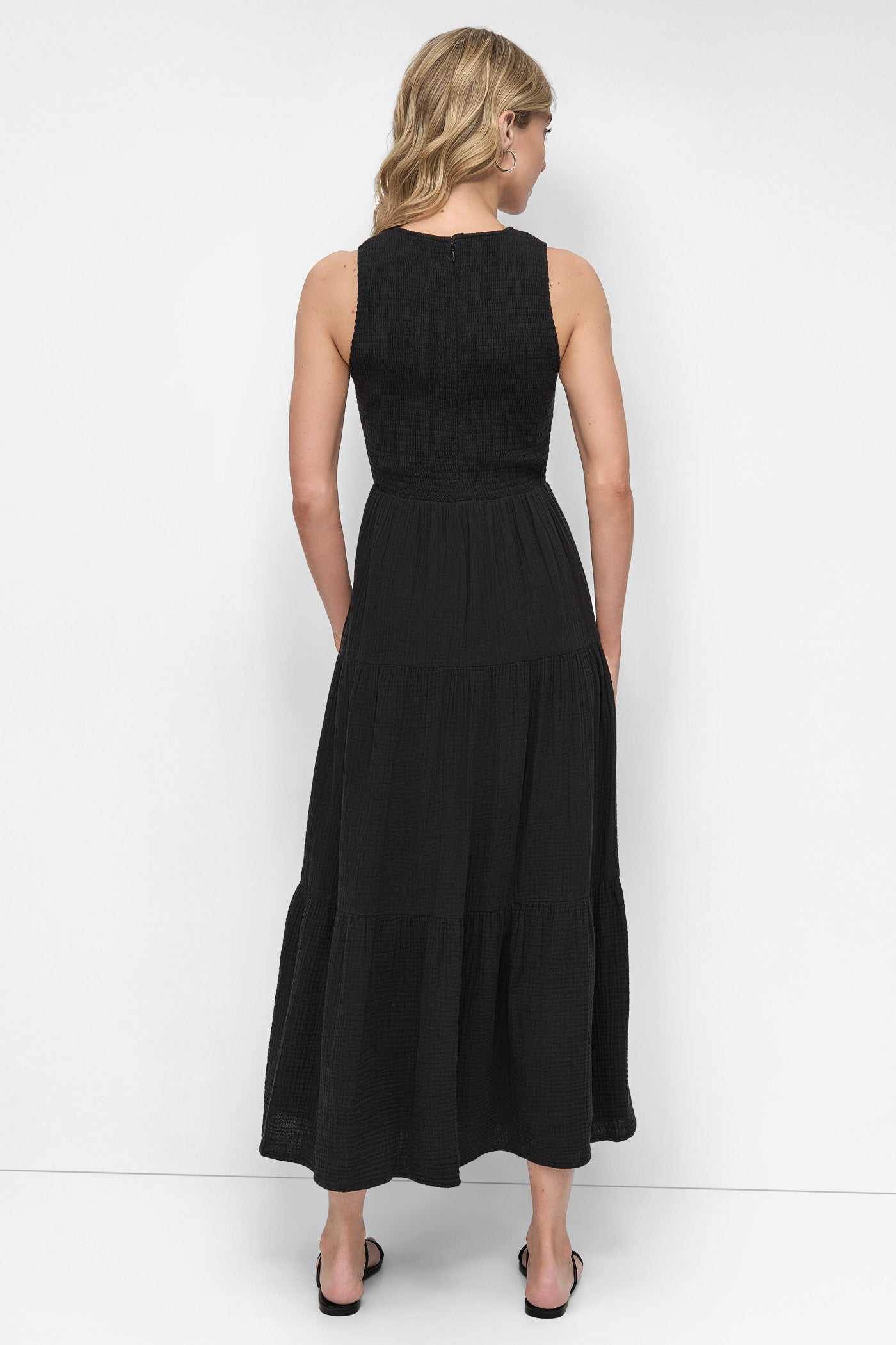 Black GAUZE TIERED SMOCKED DRESS, BACK VIEW | Summer Essentials