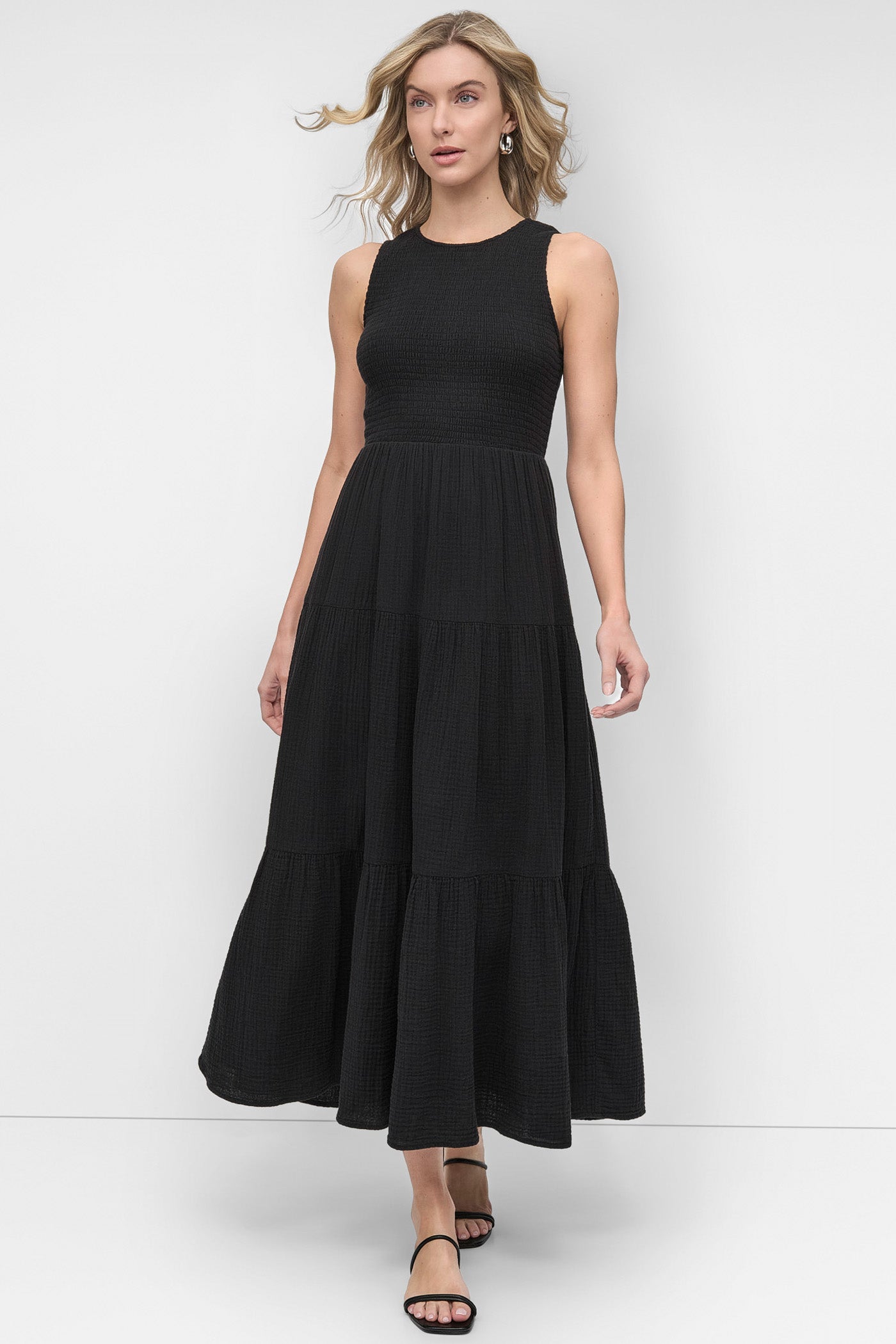 Black GAUZE TIERED SMOCKED DRESS, FRONT VIEW | Summer Essentials
