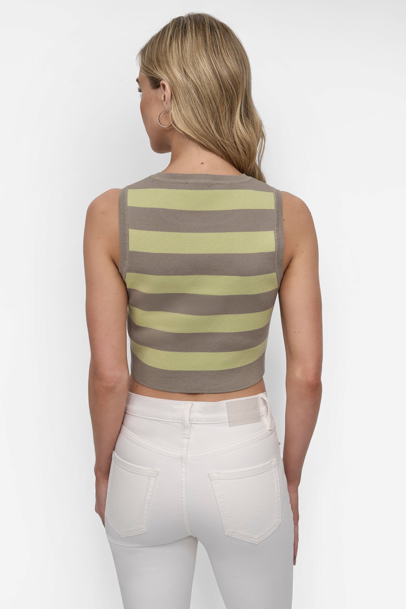 VINTAGE KHAKI/TEA GREEN CROPPED JACQUARD SWEATER, BACK VIEW | DKNY JEANS