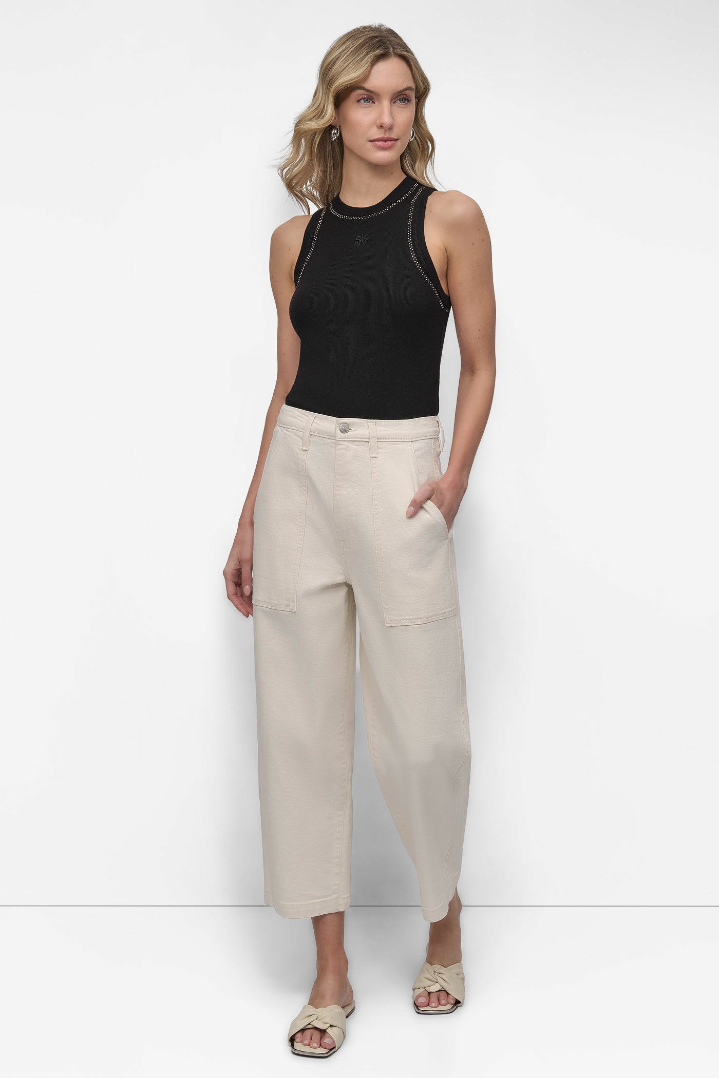 ECRU GARMENT DYED HIGH Rise Length UTILITY BARREL LEG, FRONT VIEW | Pants & Denim