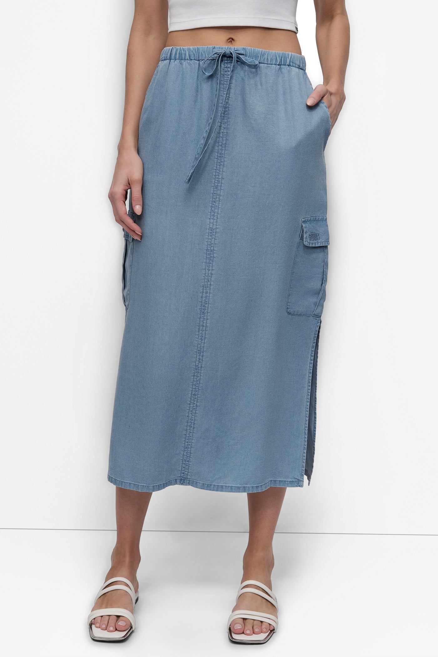 CHAMBRAY GARMENT DYE TIE WAIST CARGO SKIRT, FRONT VIEW | Spring Sale