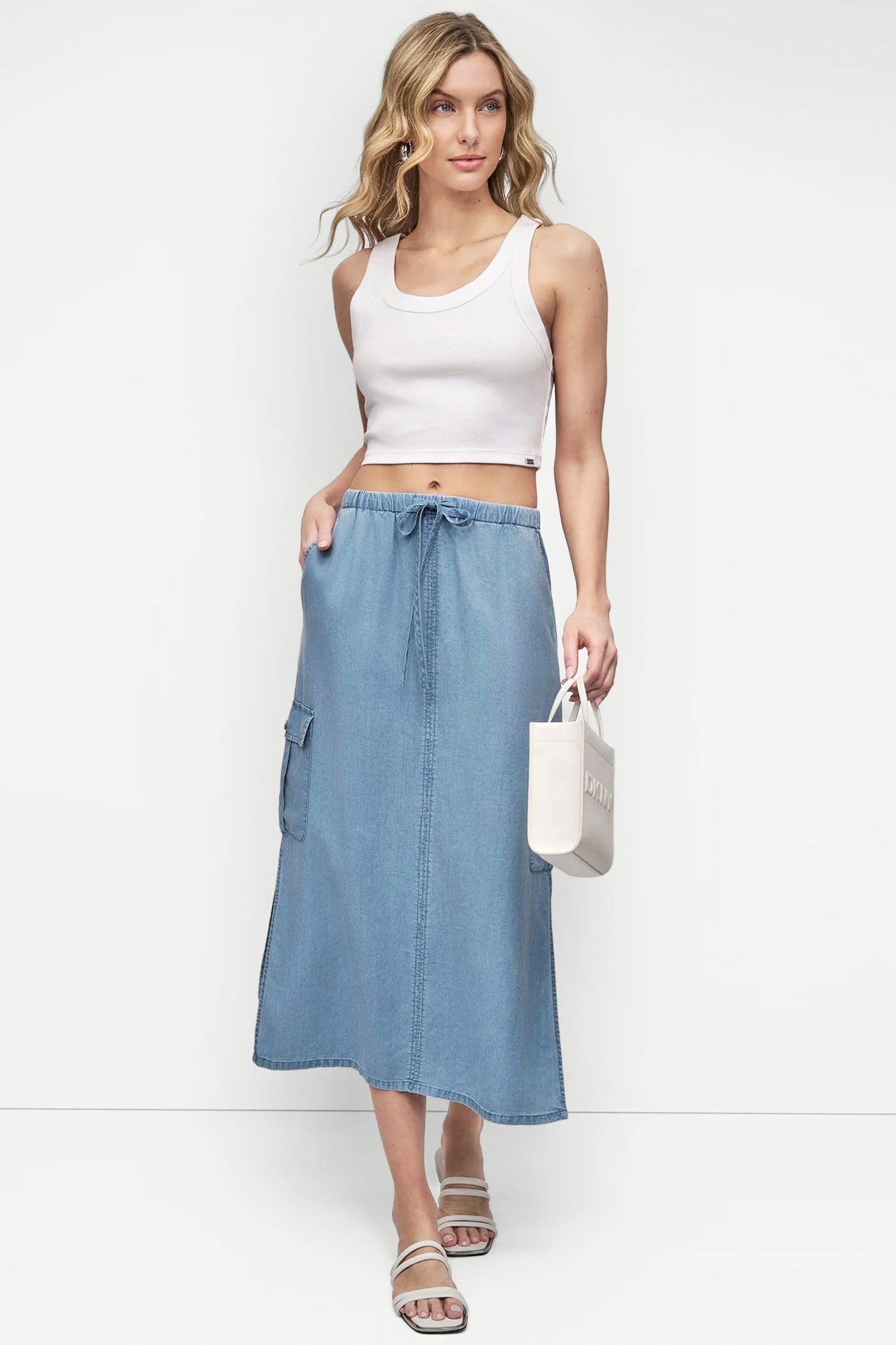 CHAMBRAY GARMENT DYE TIE WAIST CARGO SKIRT, VIEW 1 | DKNY JEANS