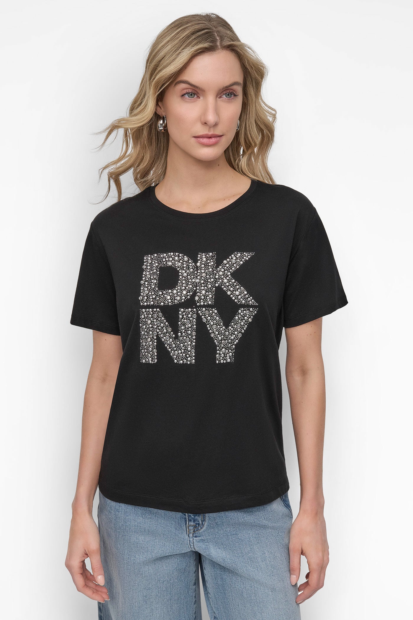 BLACK/SILVER EMBELLISHED LOGO TEE, FRONT VIEW | DKNY JEANS