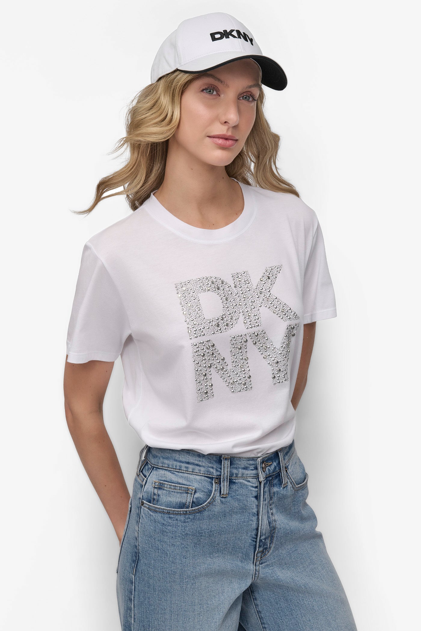 WHITE/SILVER EMBELLISHED LOGO TEE, VIEW 1 | Clothing