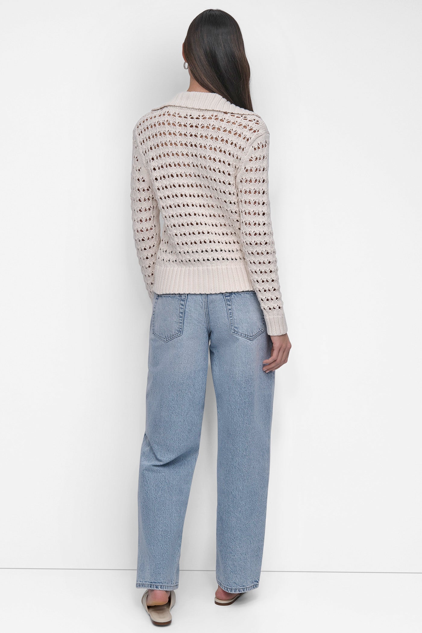 EGGNOG LONG SLEEVE OPEN POINTELLE STITCH POLO COLLAR SWEATER, VIEW 2 | Summer Essentials