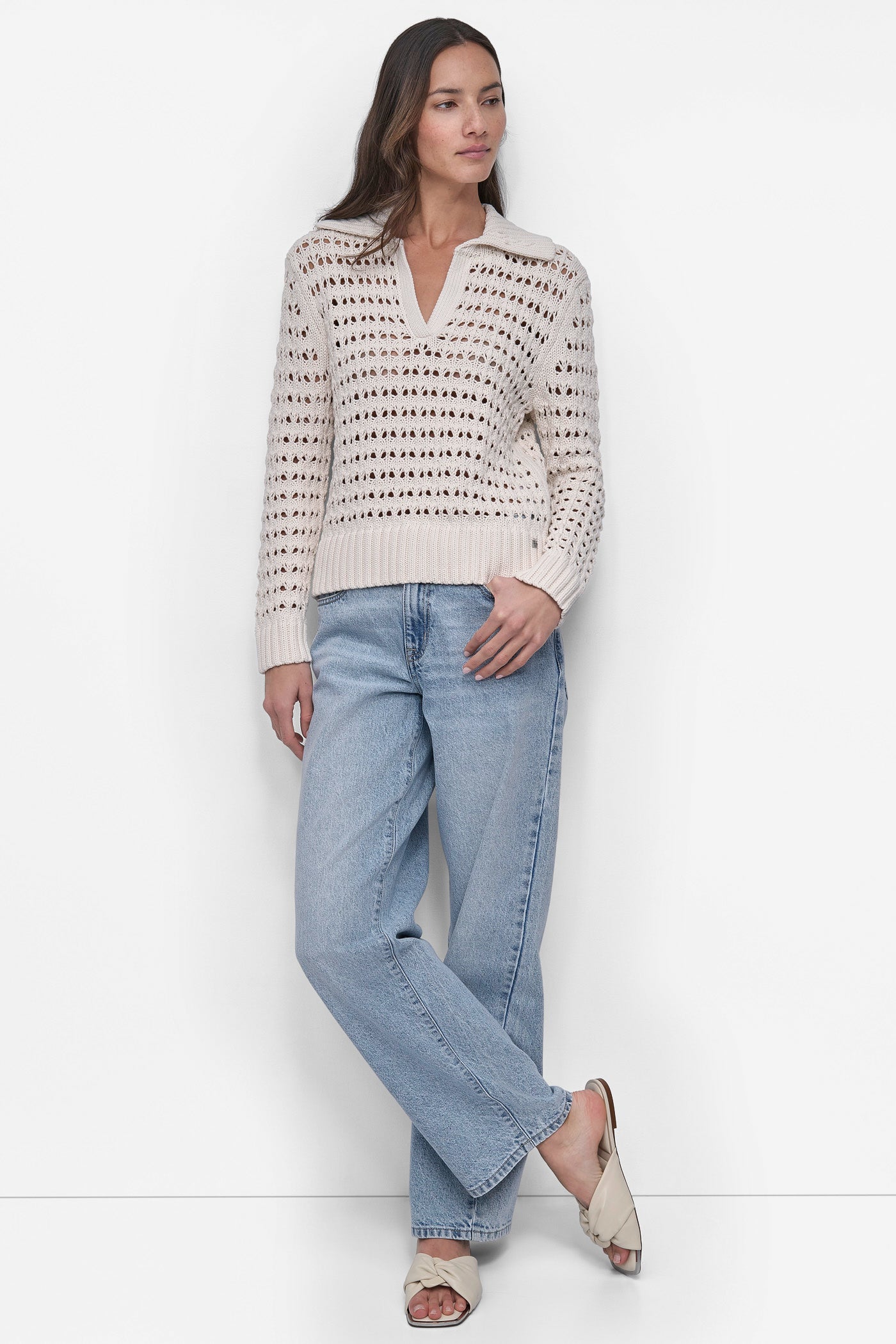 LONG SLEEVE OPEN POINTELLE STITCH POLO COLLAR SWEATER VIEW 5 | Summer Essentials
