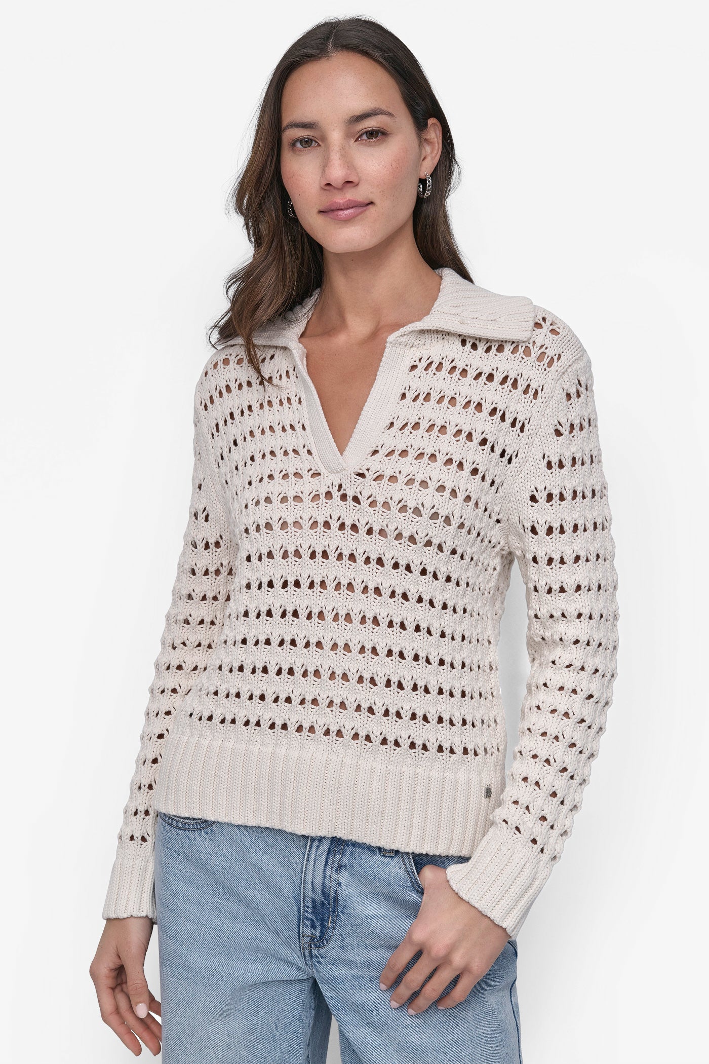 EGGNOG LONG SLEEVE OPEN POINTELLE STITCH POLO COLLAR SWEATER, VIEW 1 | Summer Essentials