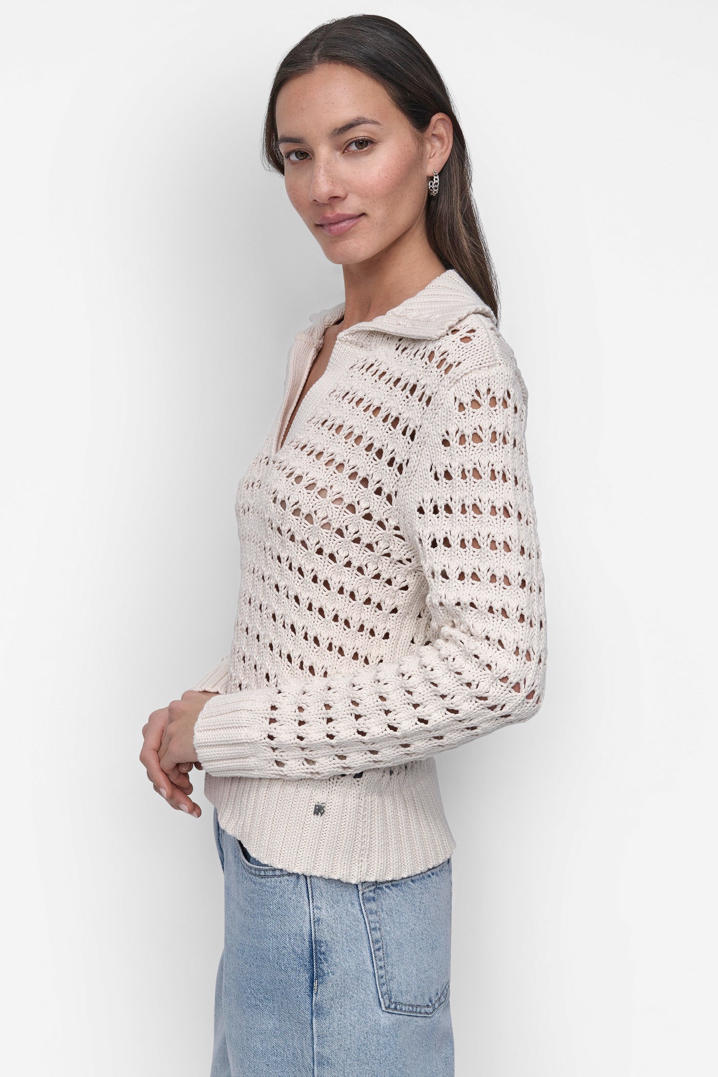LONG SLEEVE OPEN POINTELLE STITCH POLO COLLAR SWEATER VIEW 3 | Summer Essentials