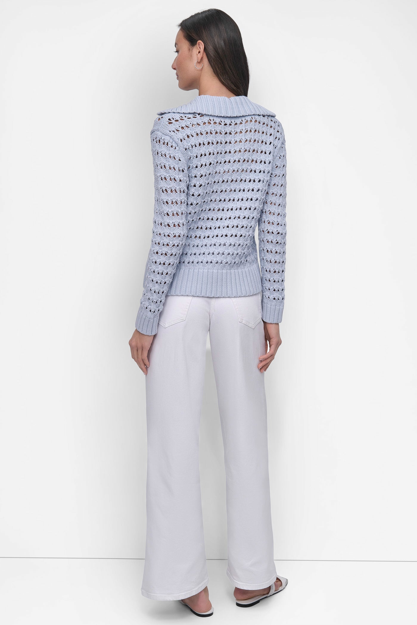 SKYWAY BLUE LONG SLEEVE OPEN POINTELLE STITCH POLO COLLAR SWEATER, BACK VIEW | Summer Essentials