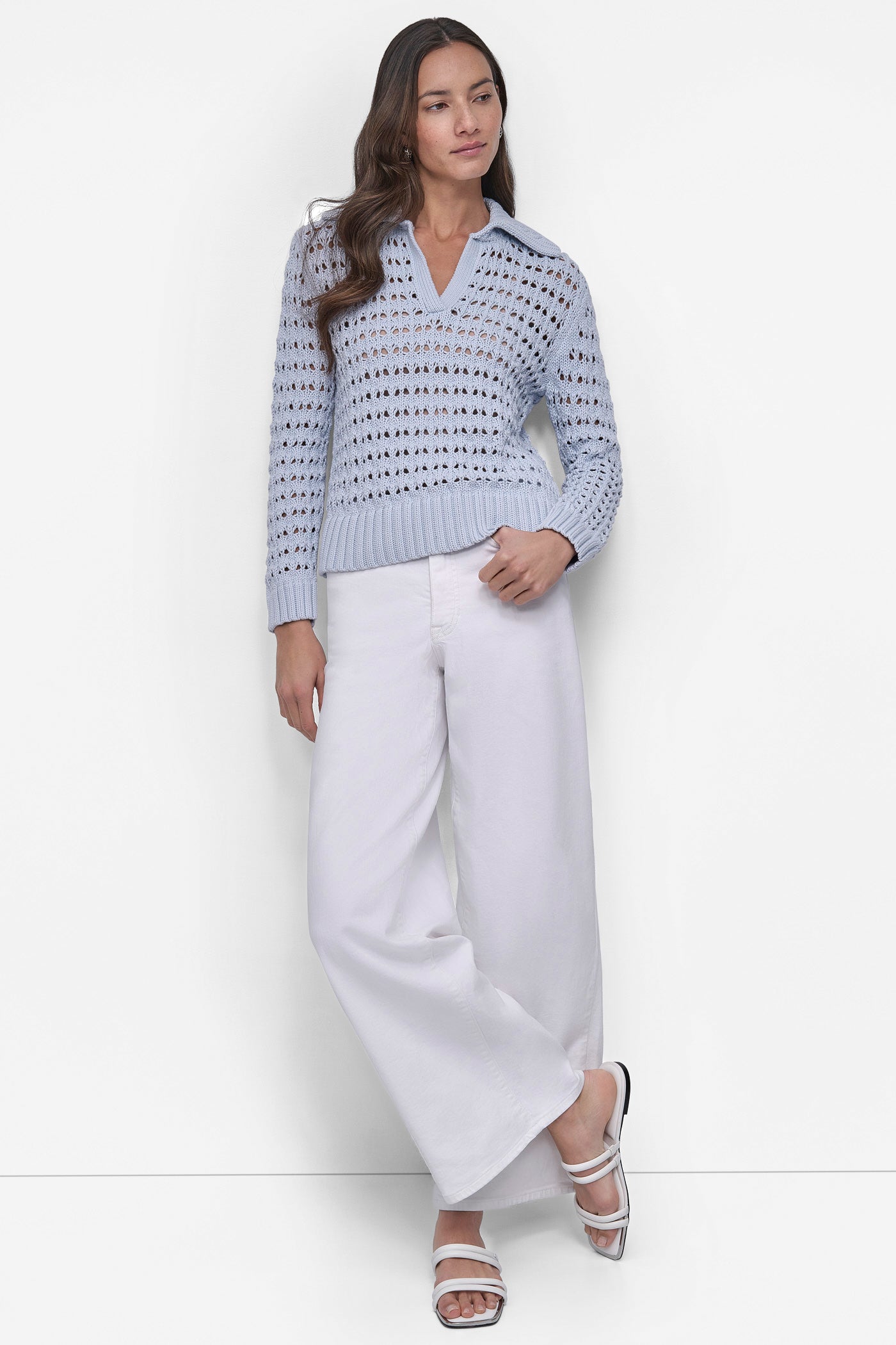 LONG SLEEVE OPEN POINTELLE STITCH POLO COLLAR SWEATER VIEW 5 | Summer Essentials