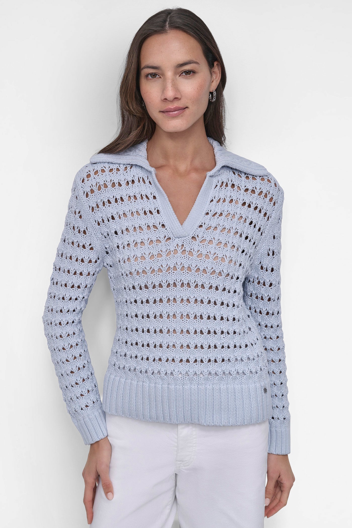 SKYWAY BLUE LONG SLEEVE OPEN POINTELLE STITCH POLO COLLAR SWEATER, FRONT VIEW | Summer Essentials