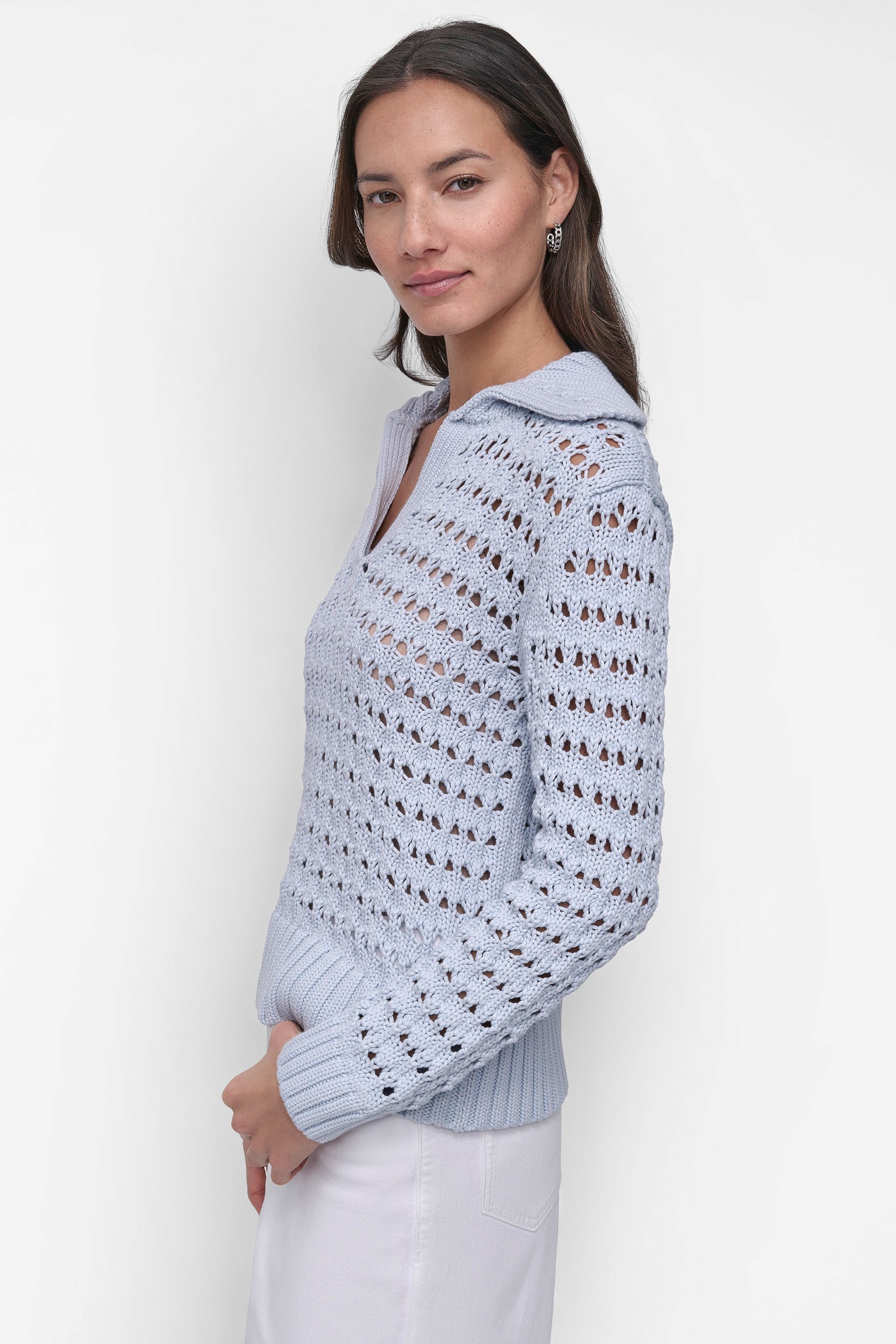 LONG SLEEVE OPEN POINTELLE STITCH POLO COLLAR SWEATER VIEW 3 | Summer Essentials