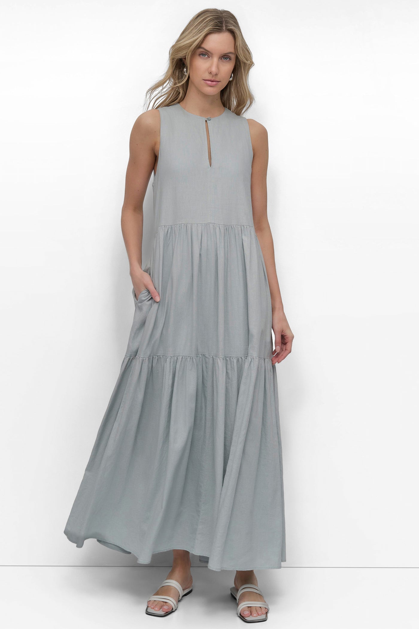 MINERAL LINEN SLEEVELESS TIERED MAXI, FRONT VIEW | SALE DRESSES
