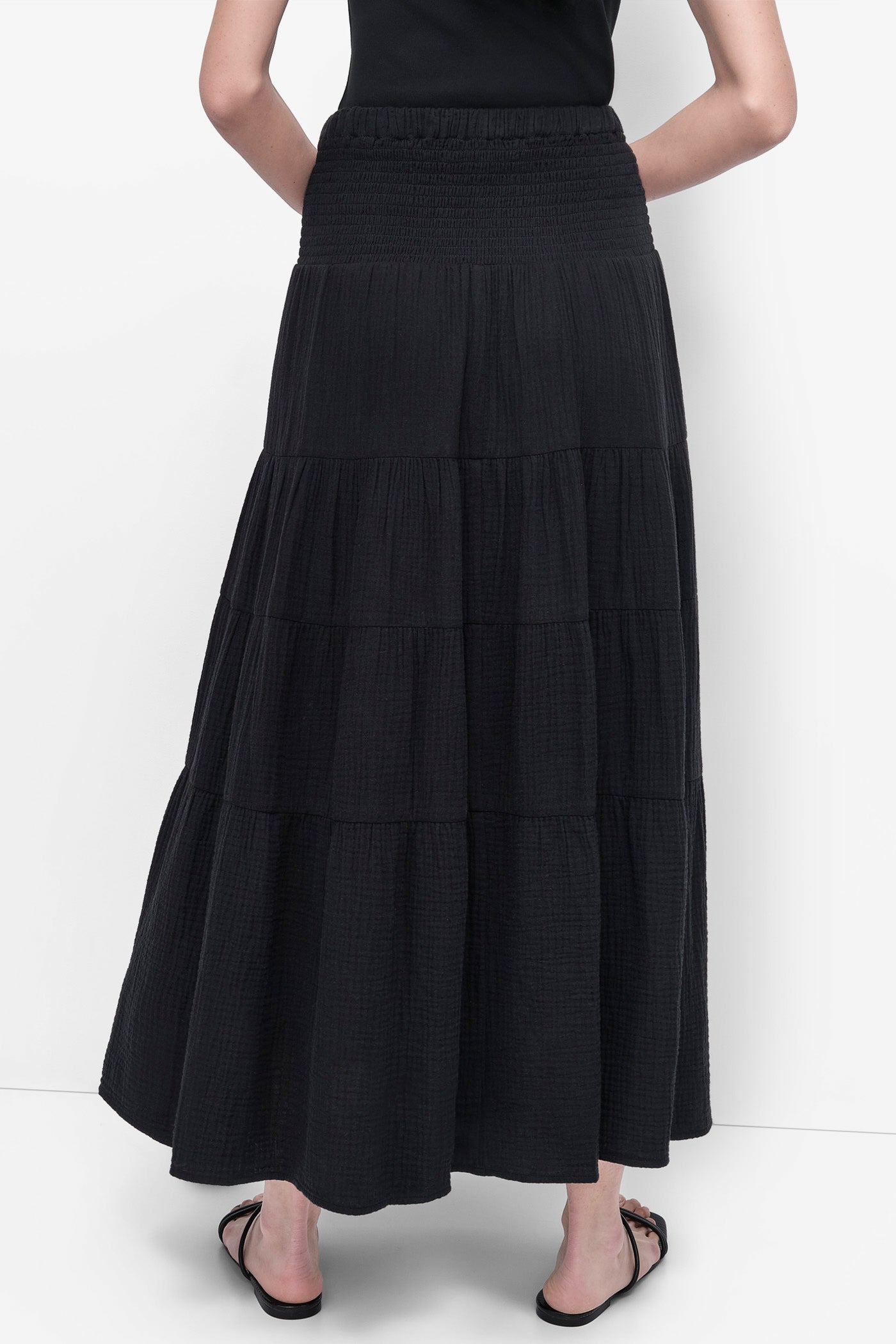 Black SMOCKED WAIST MIDI SKIRT, BACK VIEW | Skirts