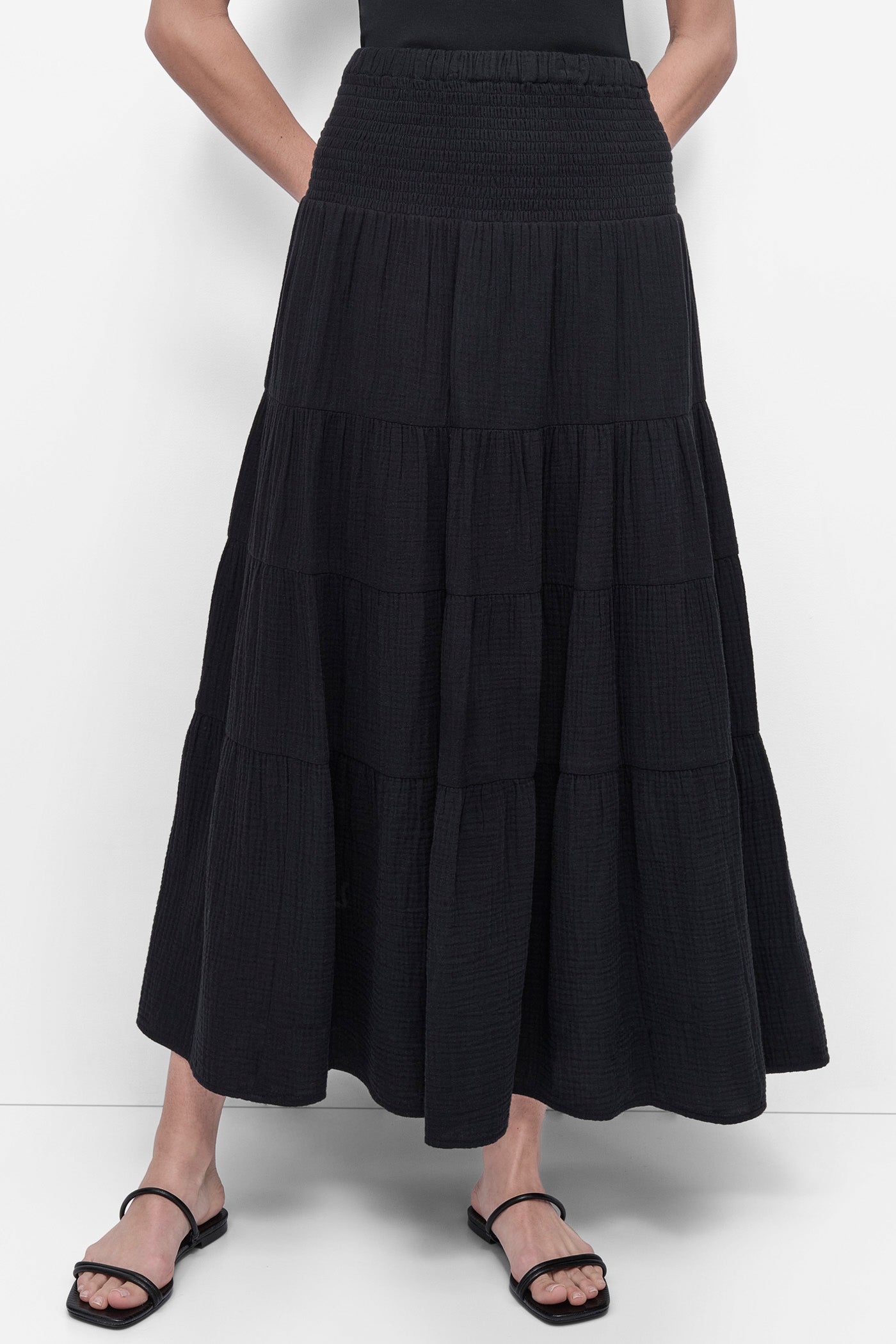 Black SMOCKED WAIST MIDI SKIRT, FRONT VIEW | Skirts
