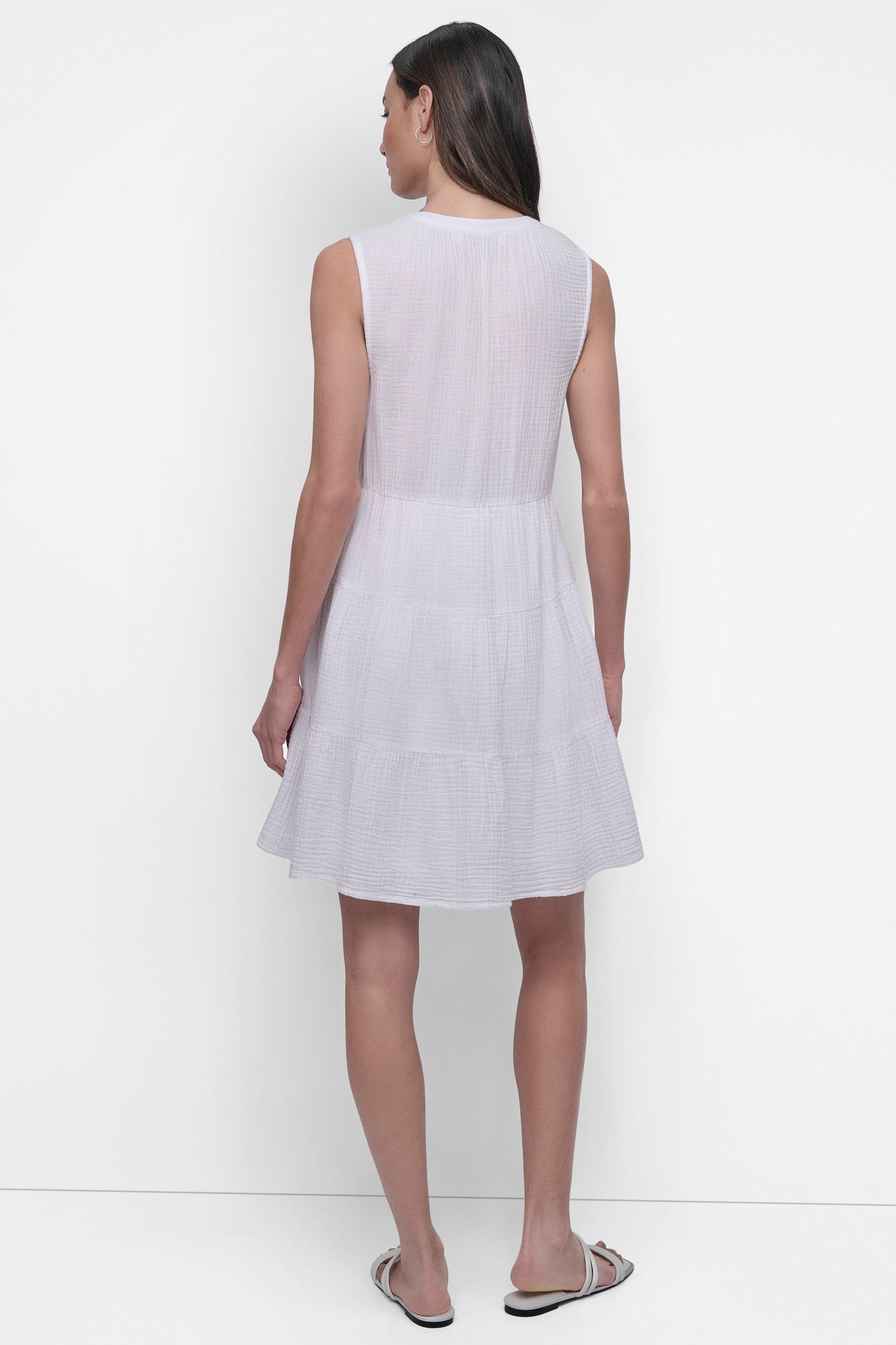 WHITE DOUBLE CREPE GAUZE DRESS, BACK VIEW | Summer Essentials
