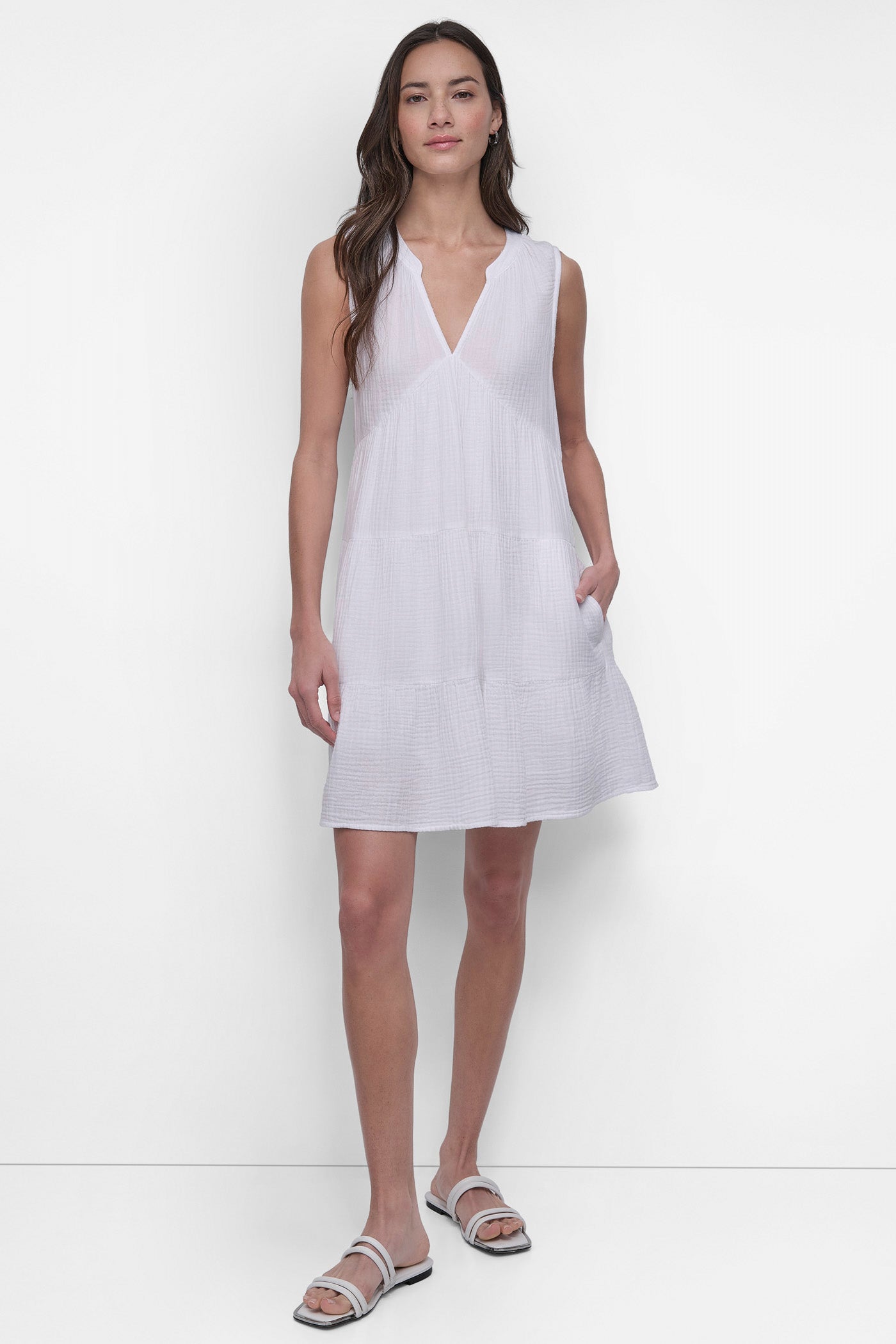 WHITE DOUBLE CREPE GAUZE DRESS, FRONT VIEW | Summer Essentials