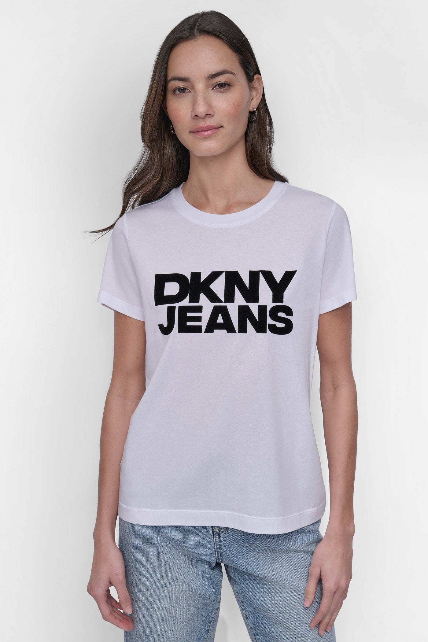WHITE/BLACK FLOCKED LOGO TEE, FRONT VIEW | DKNY JEANS