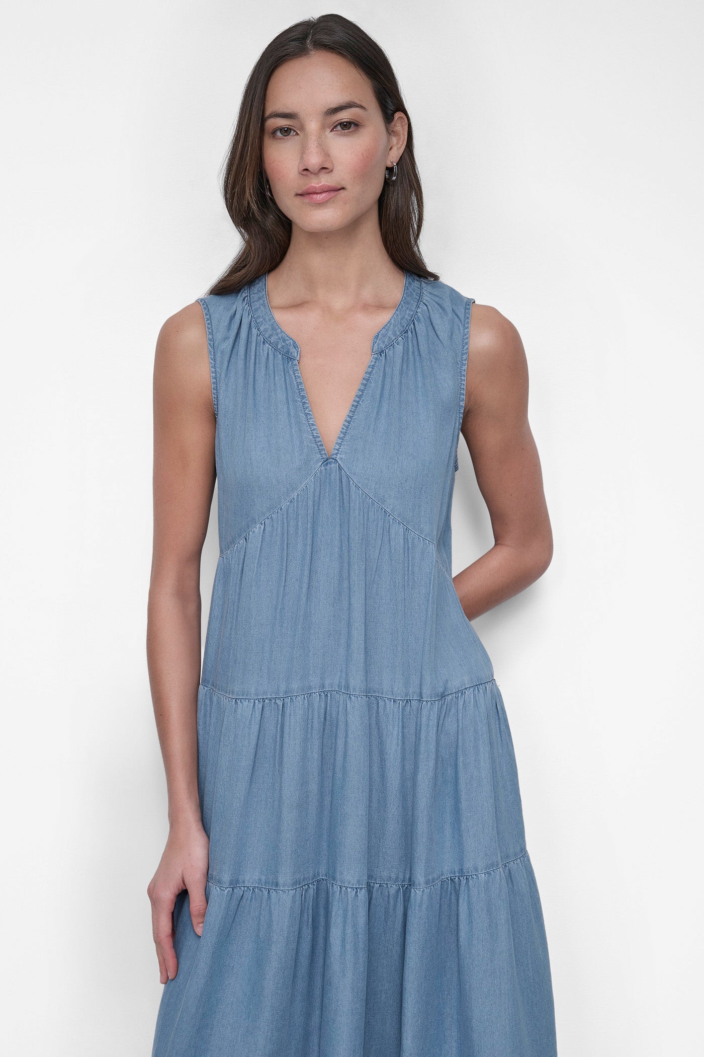TENCEL TIERED MIDI SWING DRESS VIEW 5 | Denim Destination