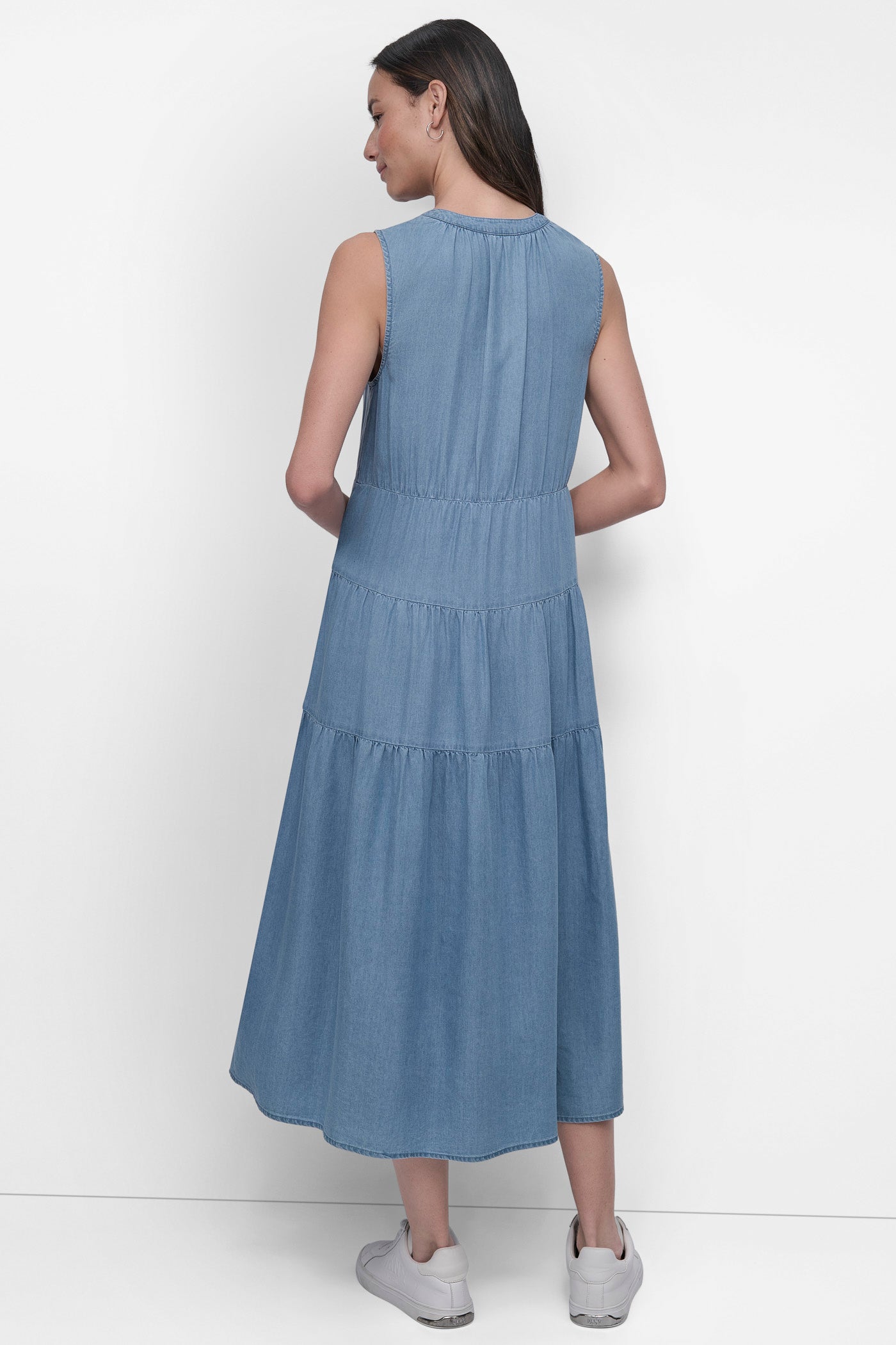 CHAMBRAY TENCEL TIERED MIDI SWING DRESS, BACK VIEW | Denim Destination