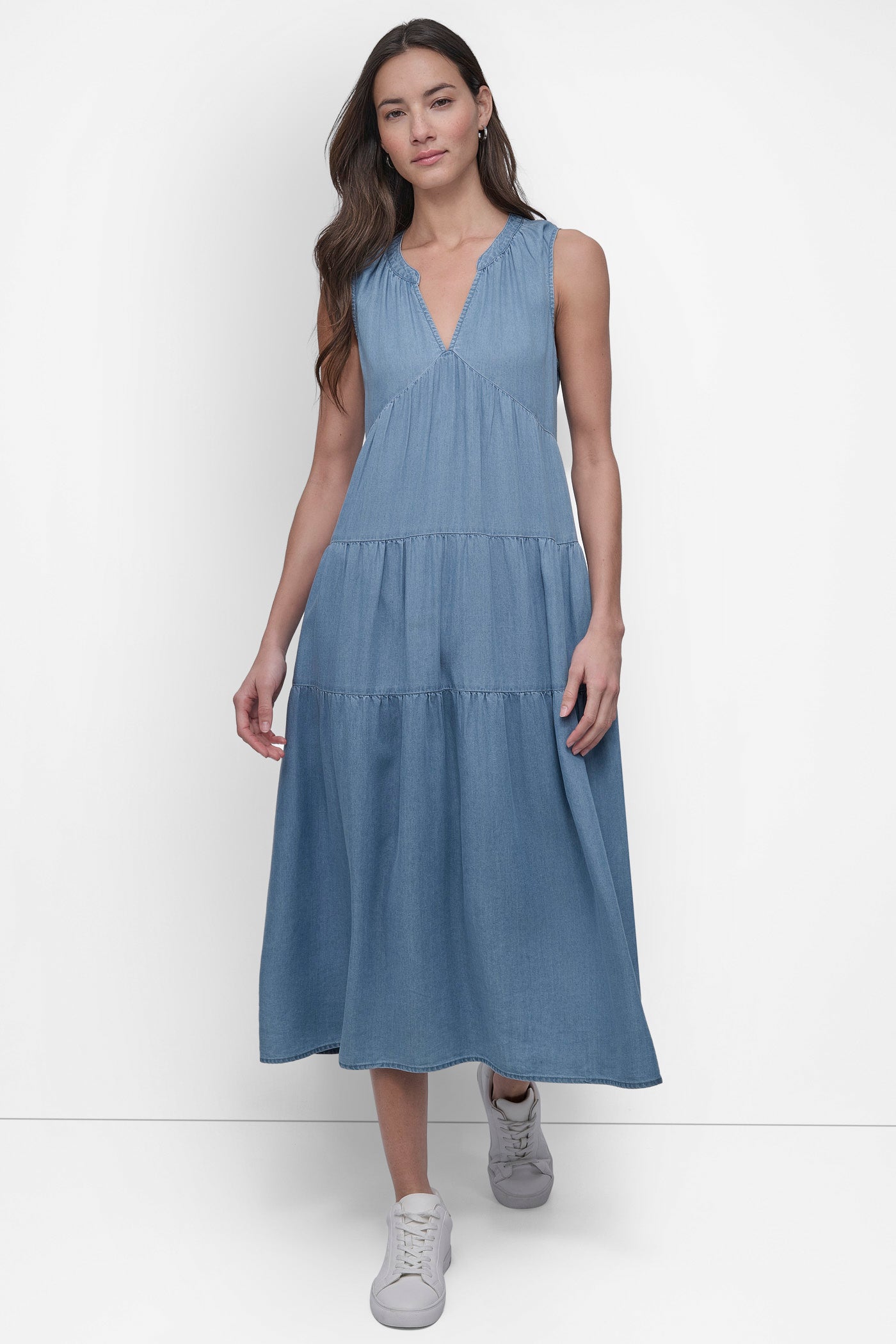 CHAMBRAY TENCEL TIERED MIDI SWING DRESS, FRONT VIEW | Denim Destination