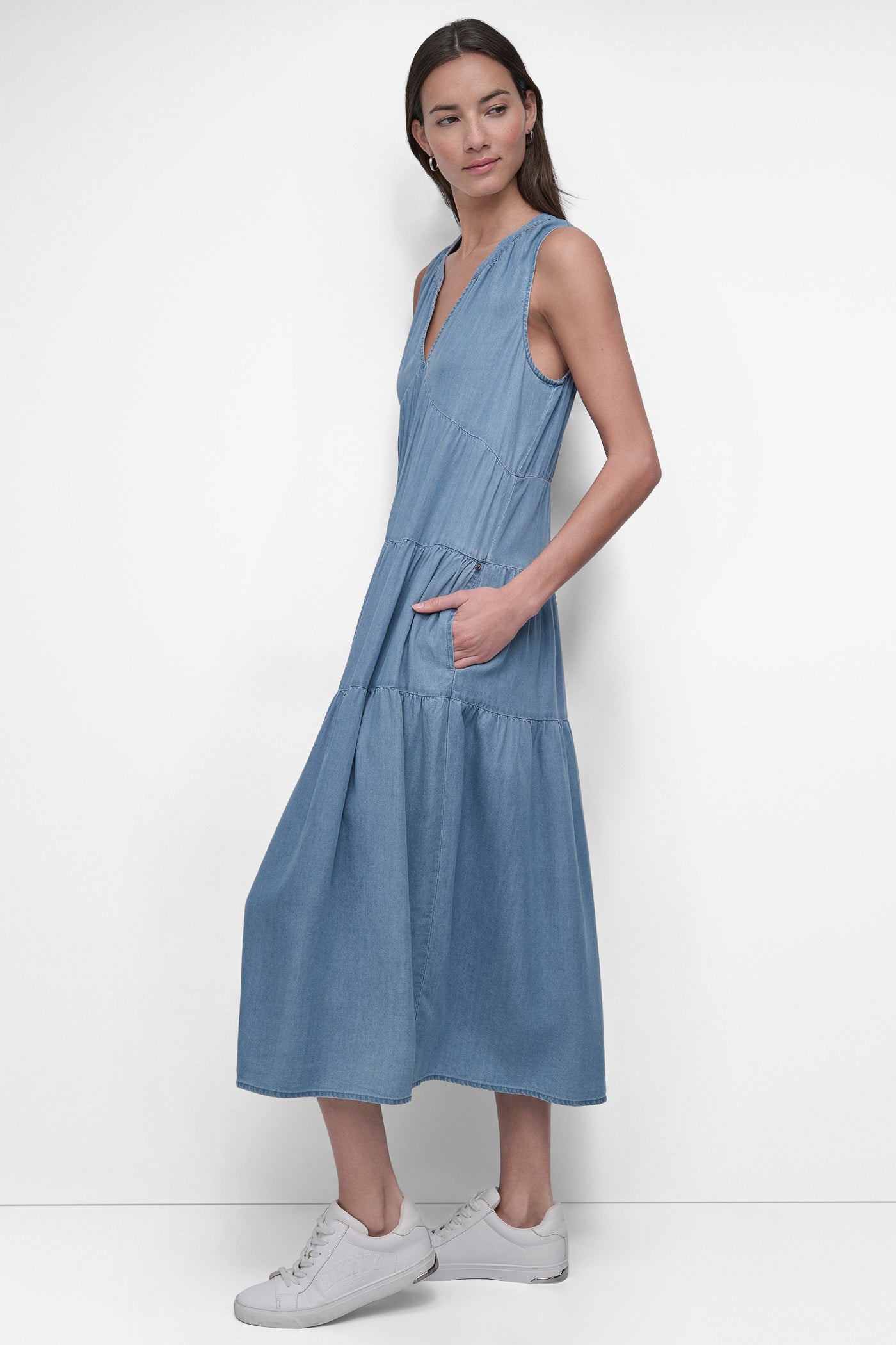TENCEL TIERED MIDI SWING DRESS VIEW 3 | Denim Destination