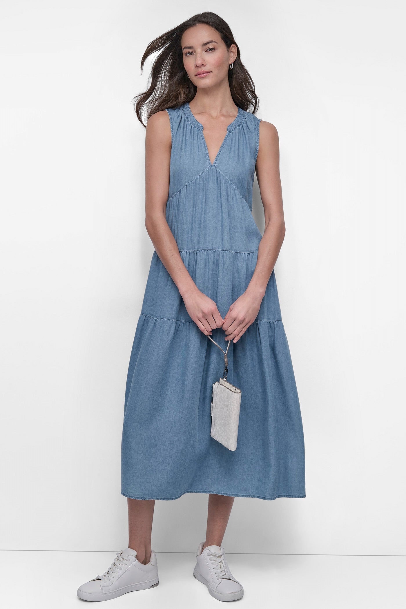 TENCEL TIERED MIDI SWING DRESS VIEW 7 | Denim Destination