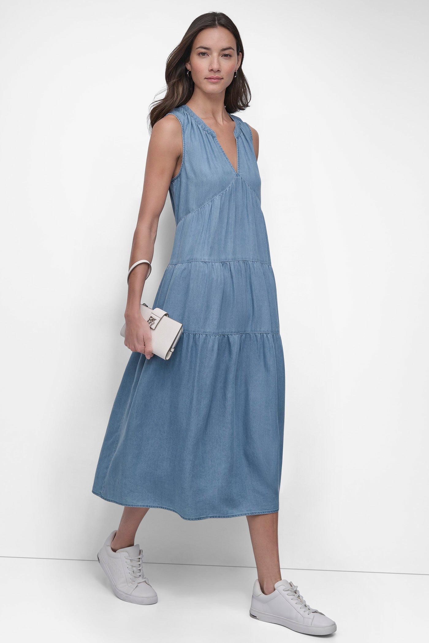 TENCEL TIERED MIDI SWING DRESS VIEW 8 | Denim Destination